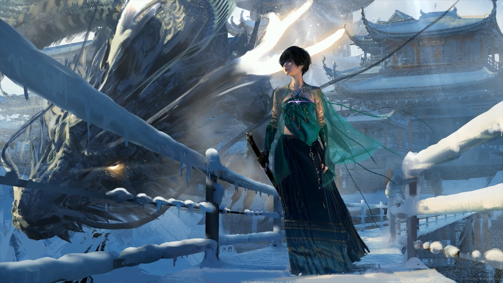 HD desktop wallpaper from the GhostBlade comic, showcasing a character in traditional attire, standing on a snow-covered bridge with an ethereal dragon in the background under a clear blue sky.