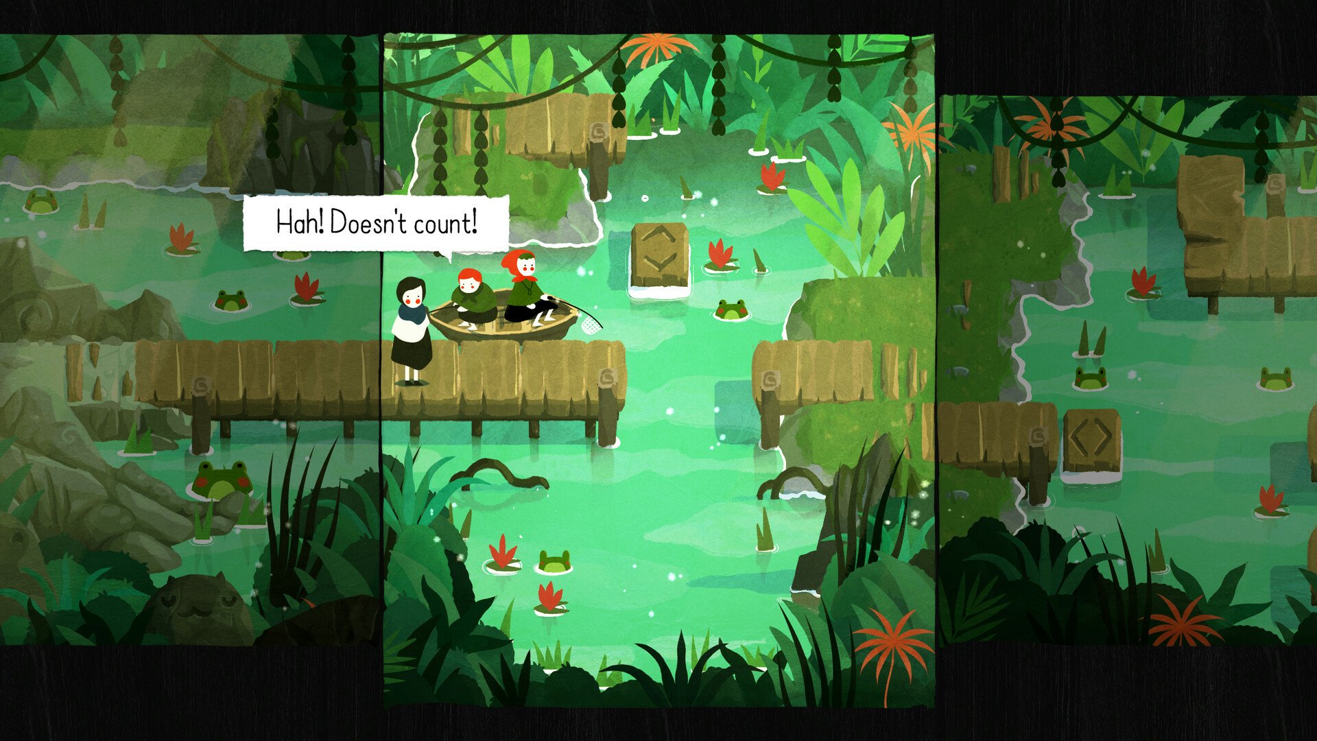 HD desktop wallpaper from the video game Paper Trail, featuring characters on wooden platforms in a vibrant, lush jungle scene with text saying, Hah! Doesn't count!