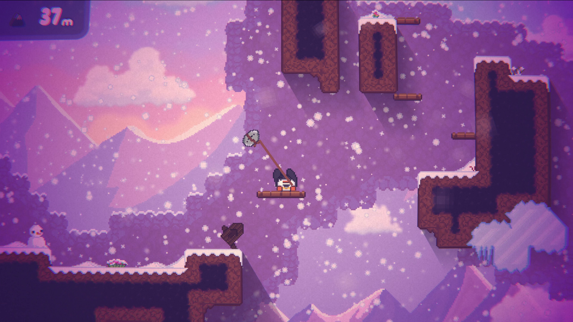 HD desktop wallpaper of “Bread & Fred” video game featuring characters navigating a snowy, mountainous landscape with pixel art graphics.