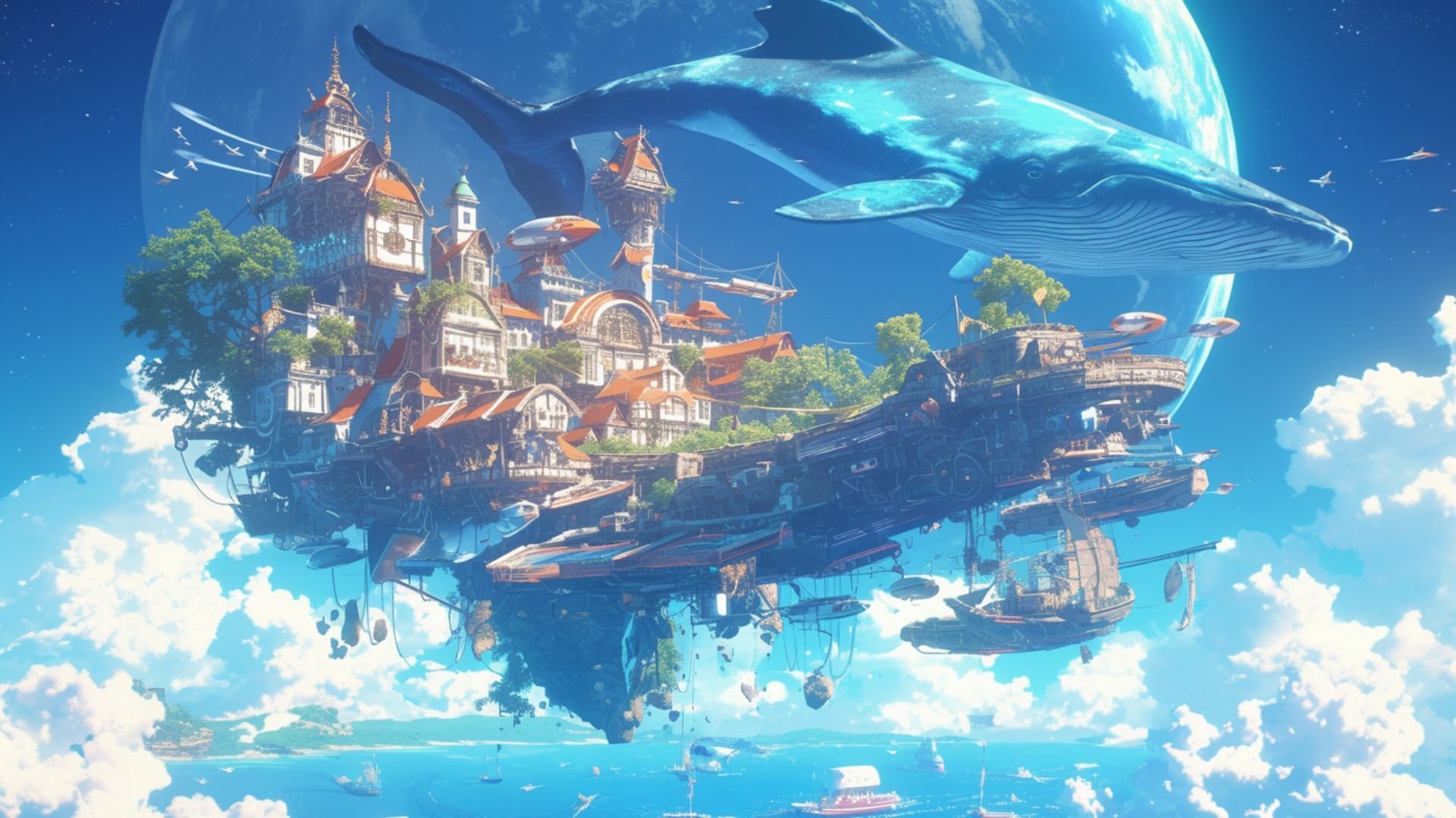 Futuristic anime city floating in the sky with a giant whale swimming above, vibrant and detailed HD PC desktop wallpaper and background.