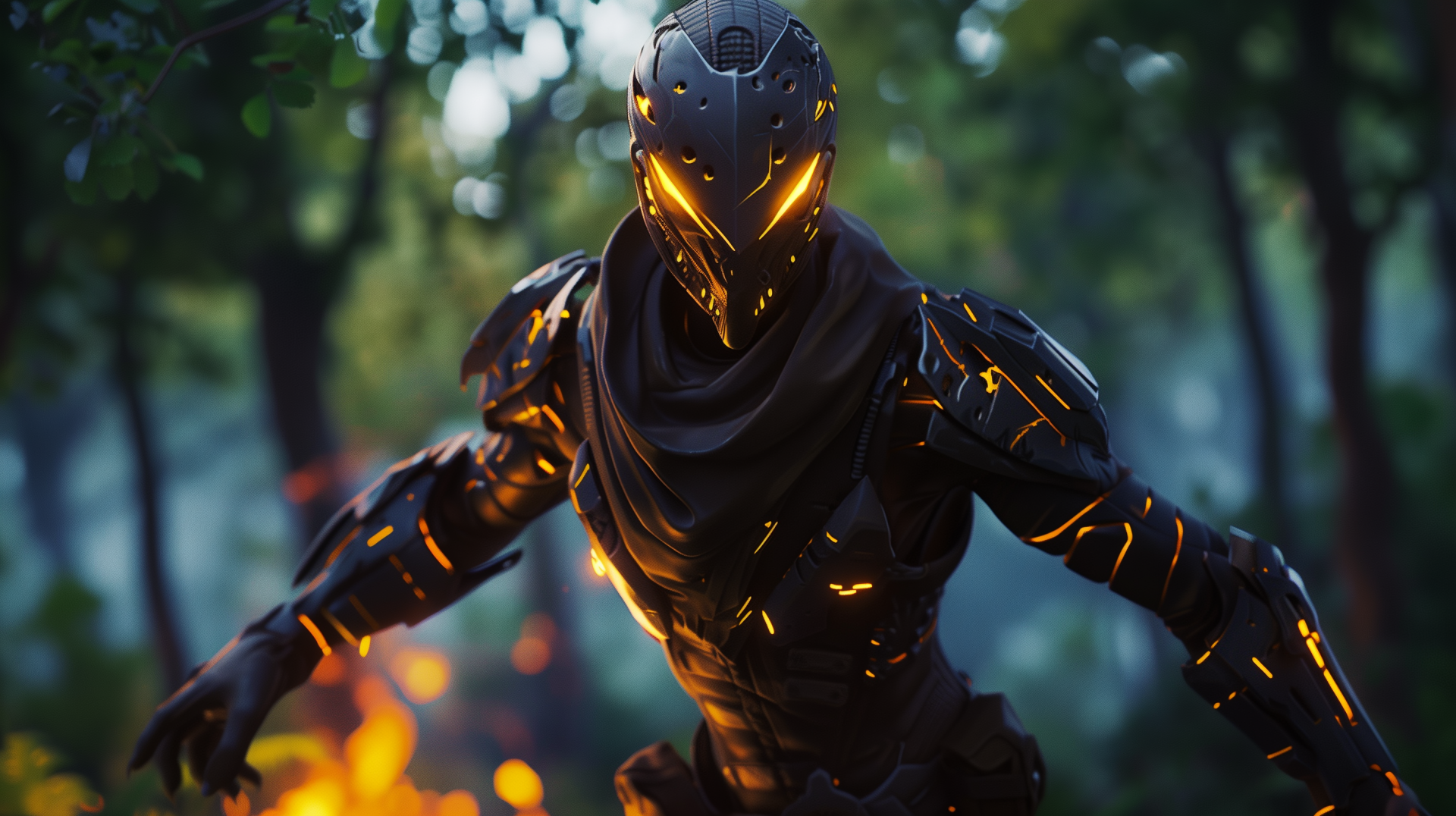 A high-definition desktop wallpaper featuring a futuristic armored character from Fortnite, illuminated with glowing orange lines, set against a lush, forested background.