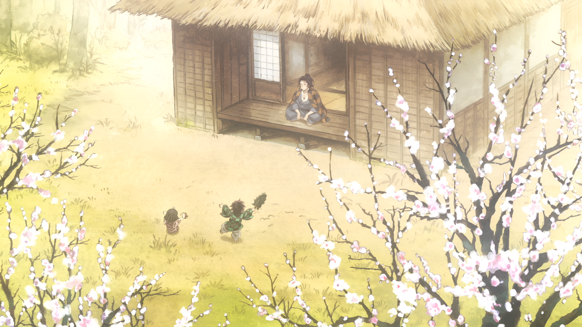 4K Ultra HD anime wallpaper featuring a serene scene from Demon Slayer: Kimetsu no Yaiba with characters near a traditional thatched-roof house surrounded by blooming trees.