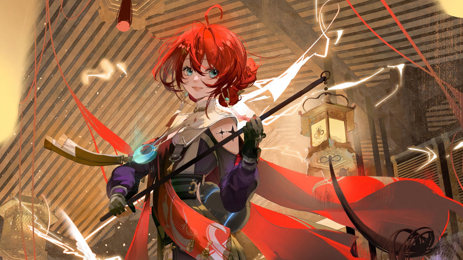 HD desktop wallpaper of the video game Wuthering Waves featuring the character Danjin. The artwork depicts Danjin in a dynamic pose holding a weapon, surrounded by vibrant and magical effects.