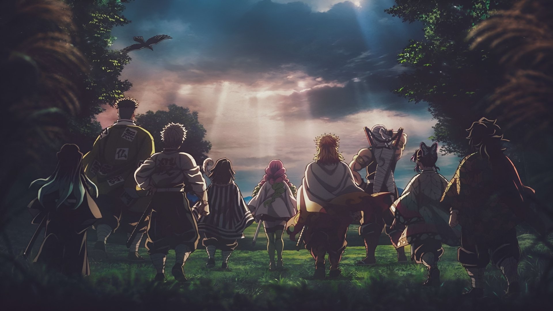 Anime — Demon Slayer: Kimetsu no Yaiba 4K Ultra HD PC desktop wallpaper: the main cast walks into a sunlit forest clearing, their backs silhouetted by dramatic rays.