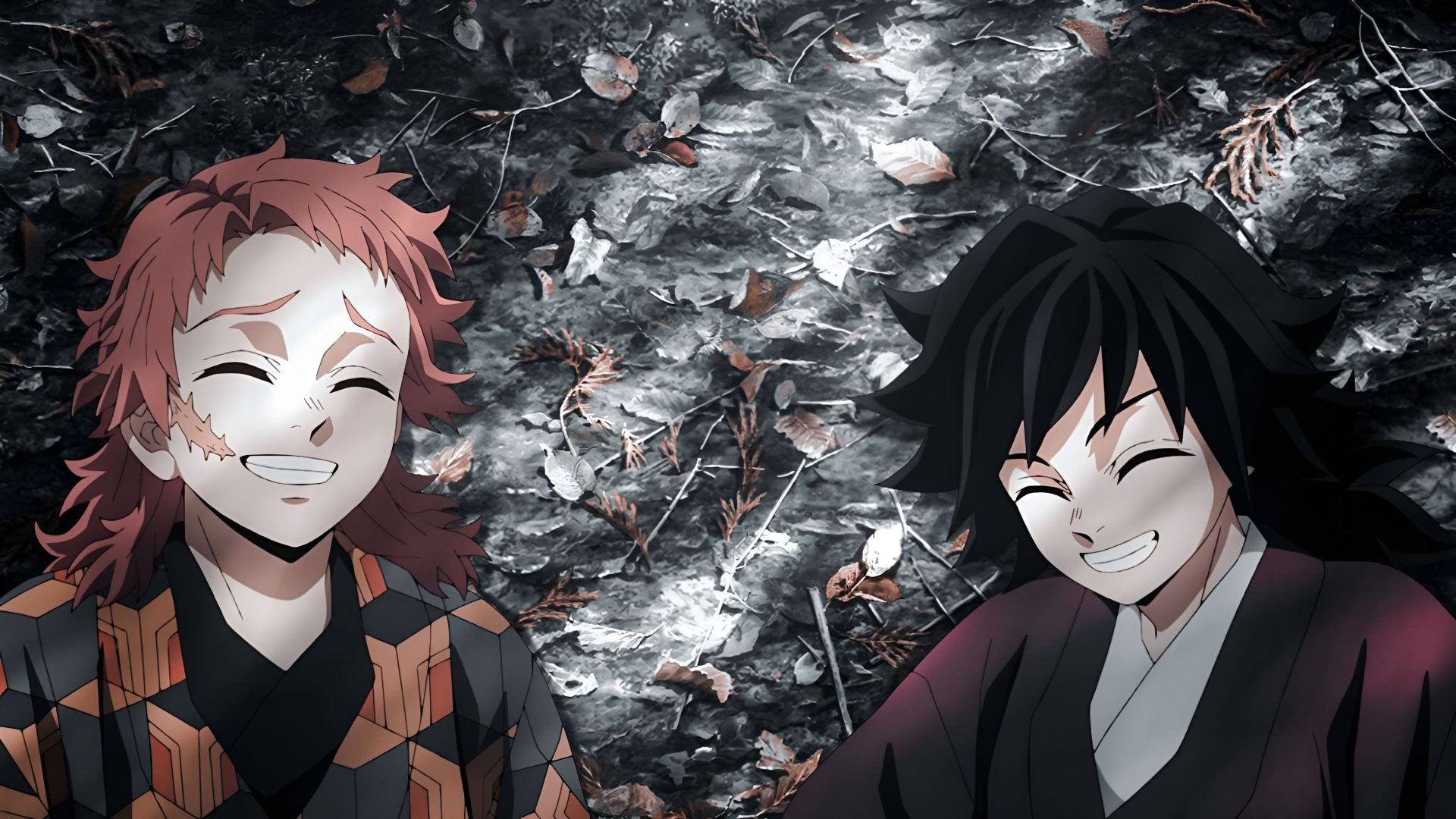 Anime-style 4K Ultra HD desktop wallpaper featuring smiling characters from Demon Slayer: Kimetsu no Yaiba against a dark, textured background with scattered leaves.