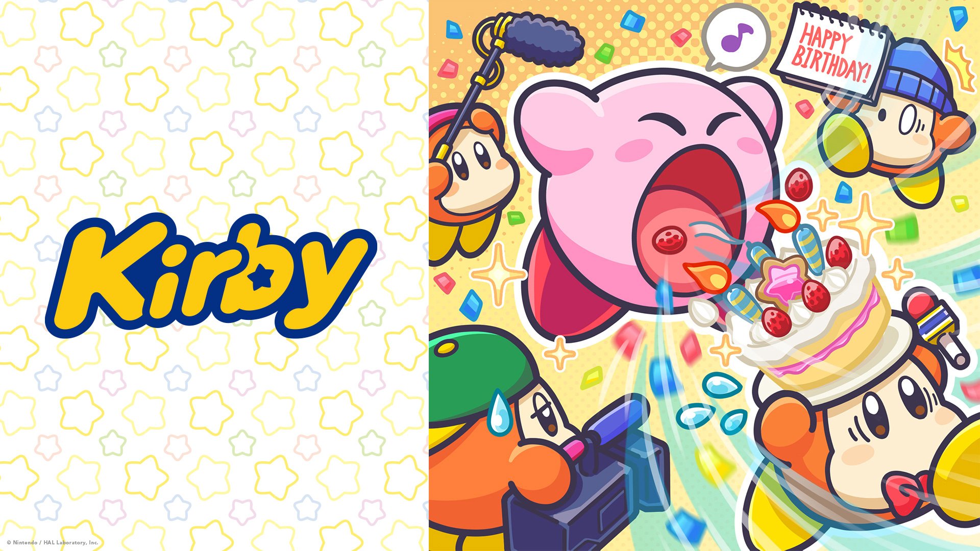 HD PC desktop wallpaper featuring Kirby joyfully celebrating with colorful candies and friends around a birthday cake.