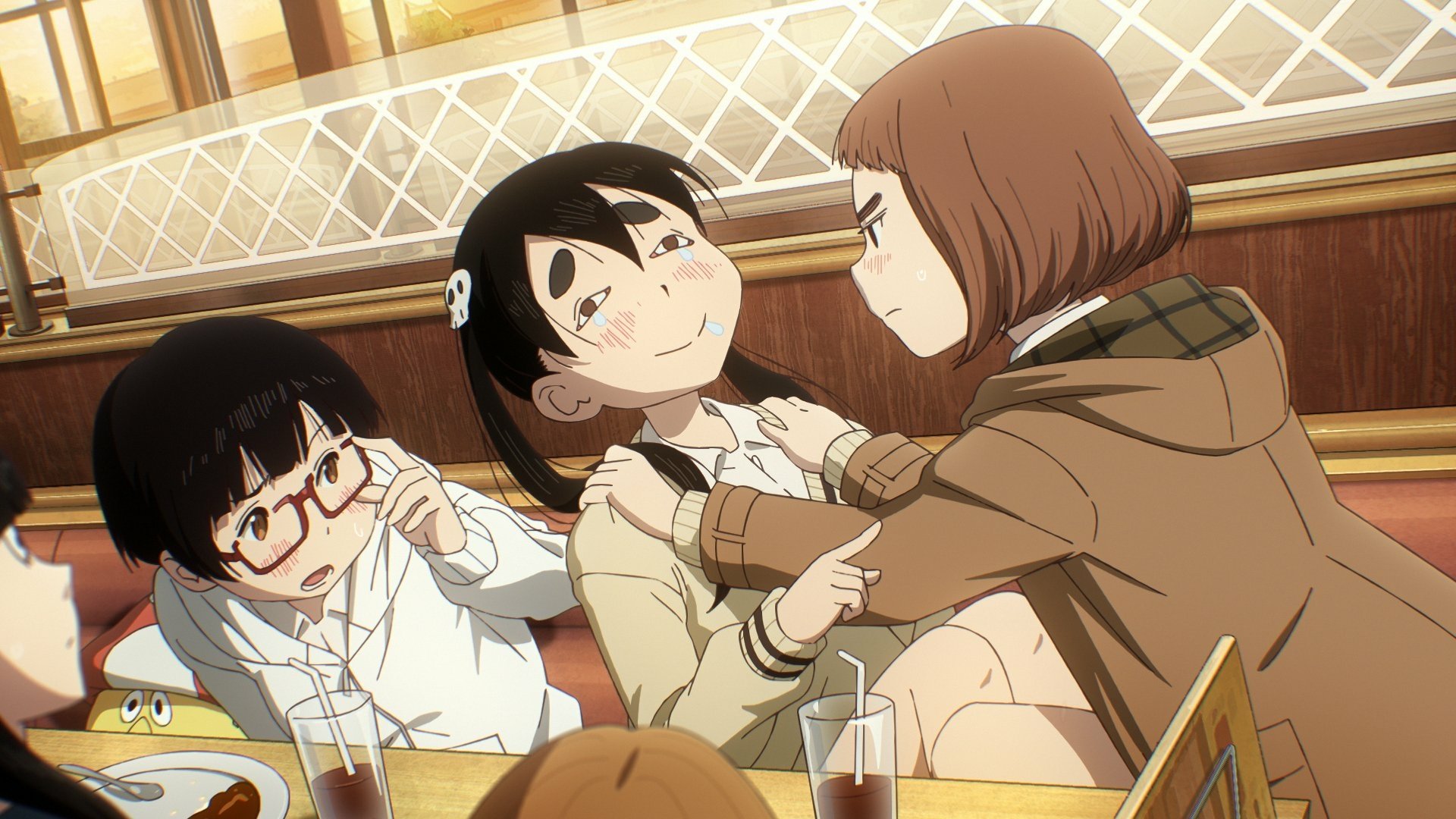 Anime scene from Dead Dead Demon's Dededede Destruction showing three characters interacting playfully at a restaurant. HD desktop wallpaper and background.