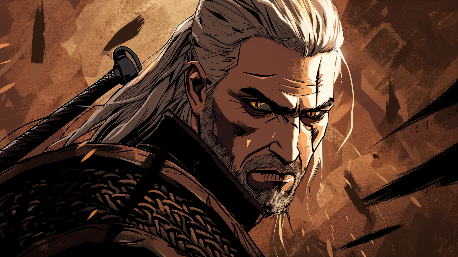 HD desktop wallpaper of Geralt of Rivia from the video game The Witcher, showcasing his intense gaze and detailed armor against a dynamic, fiery background.