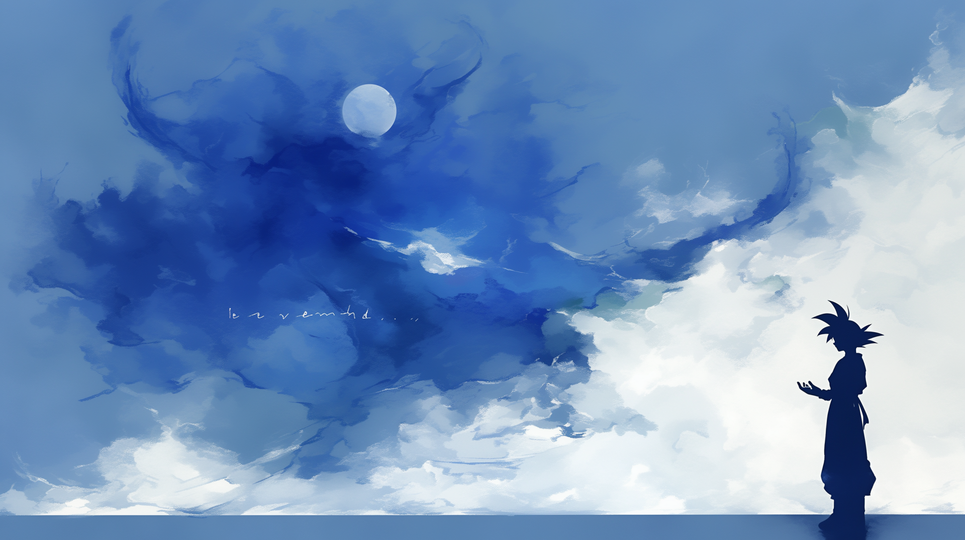 HD desktop wallpaper of an anime scene from Dragon Ball Z featuring the character Goku standing against a dramatic blue and white clouded sky, gazing at a bright moon.