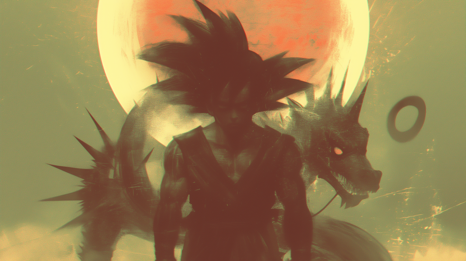 HD desktop wallpaper featuring Goku from Dragon Ball Z, standing with a dragon silhouette against a glowing red backdrop.