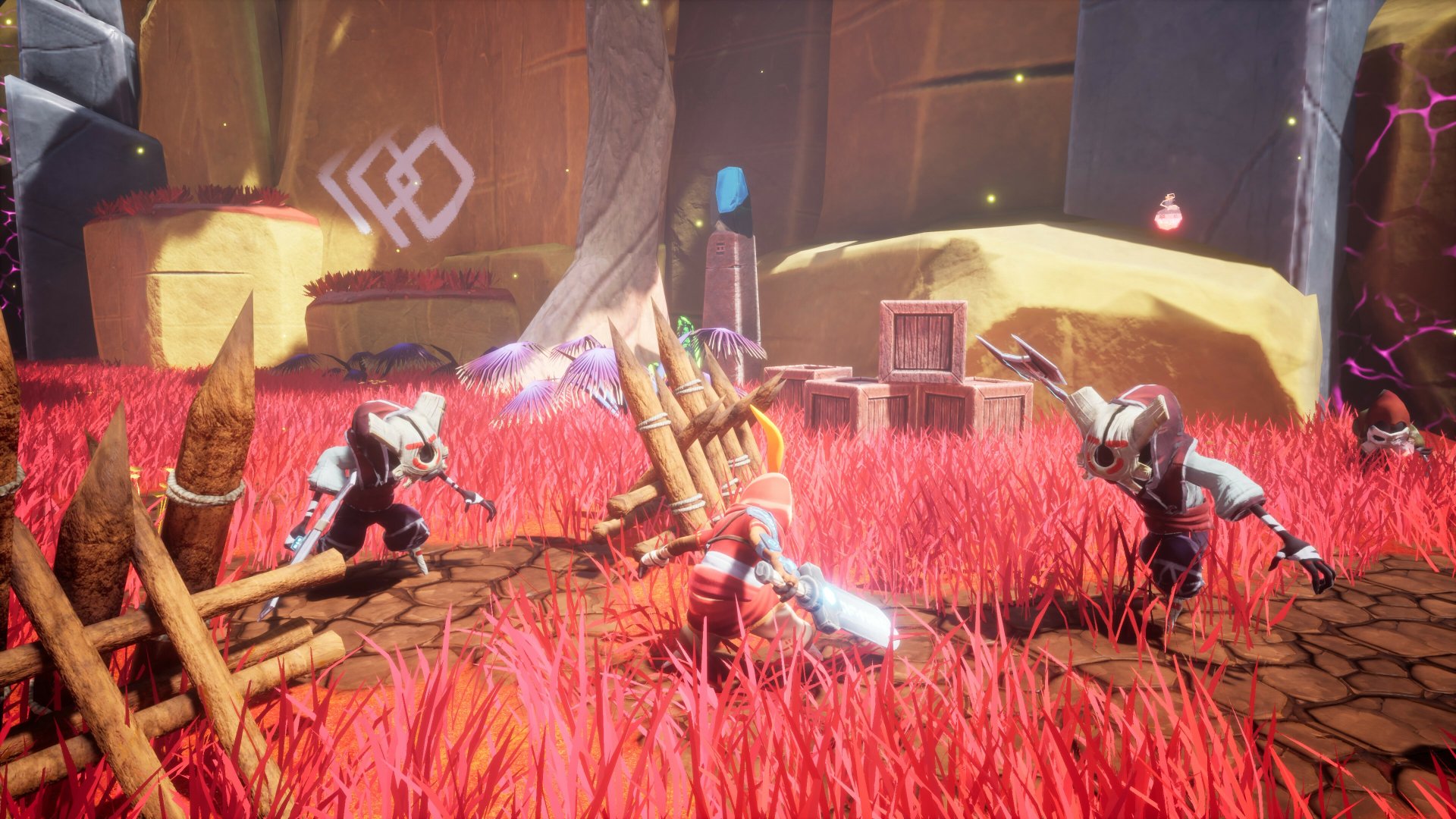 HD desktop wallpaper from the video game Astor: Blade of the Monolith featuring a vibrant battle scene with characters clashing in a colorful, alien landscape with red grass and futuristic elements.