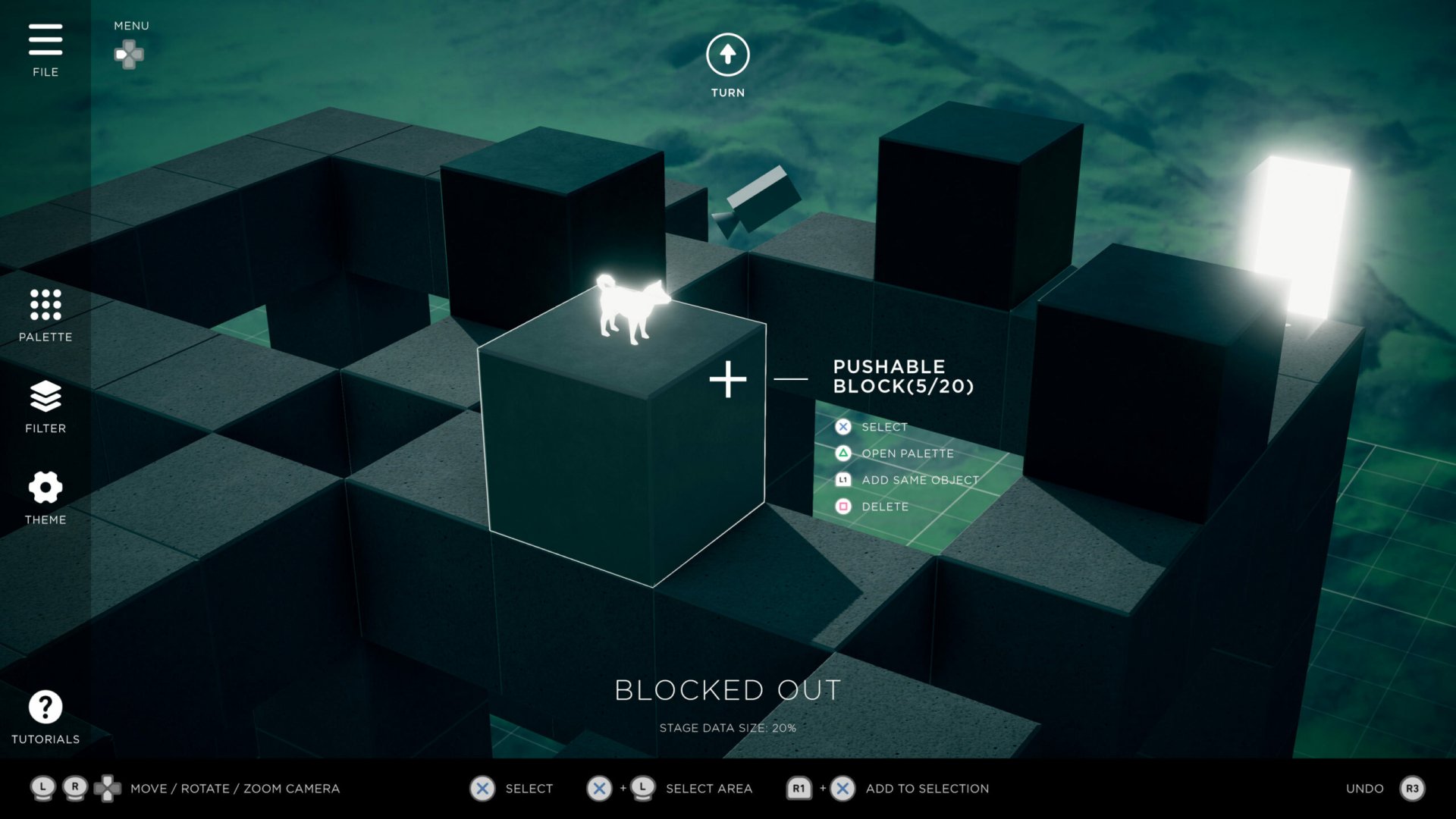 HD desktop wallpaper of the video game Humanity (2024), displaying a puzzle section with a white character on a movable block, surrounded by a grid of black blocks, and UI elements on the screen.