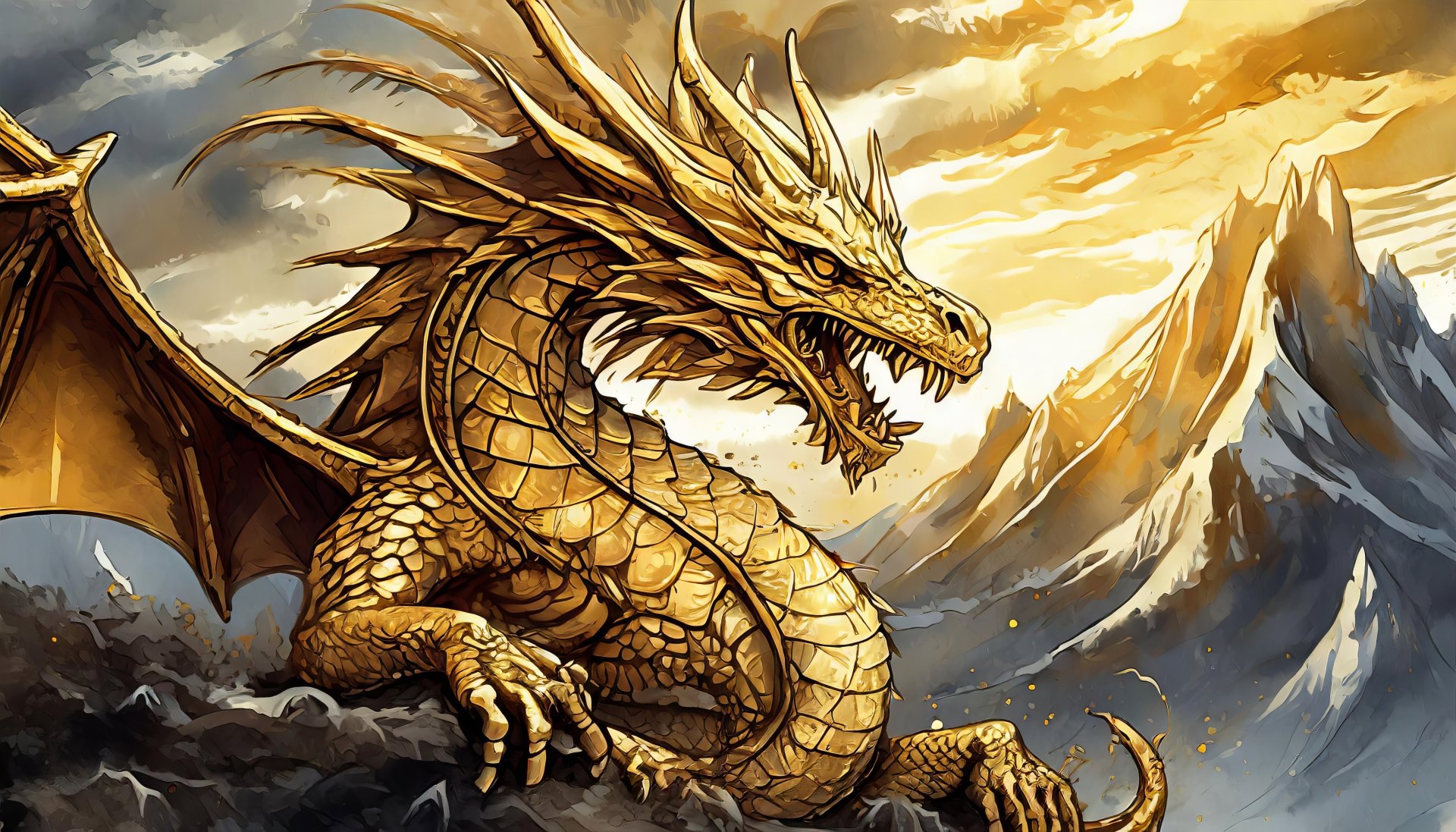 HD desktop wallpaper featuring a majestic golden dragon perched on rocky terrain against a dramatic mountain backdrop and vibrant skies, evoking a captivating fantasy scene.