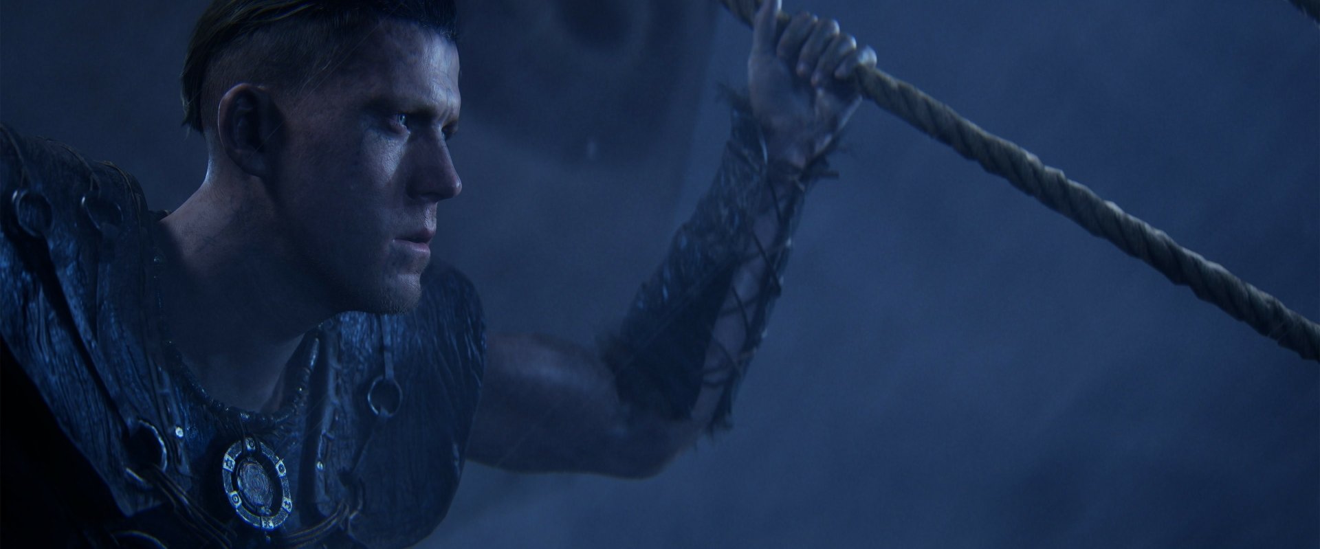 HD desktop wallpaper featuring a character from the video game Senua's Saga: Hellblade II in a dark, stormy setting, gripping a rope with a determined expression.