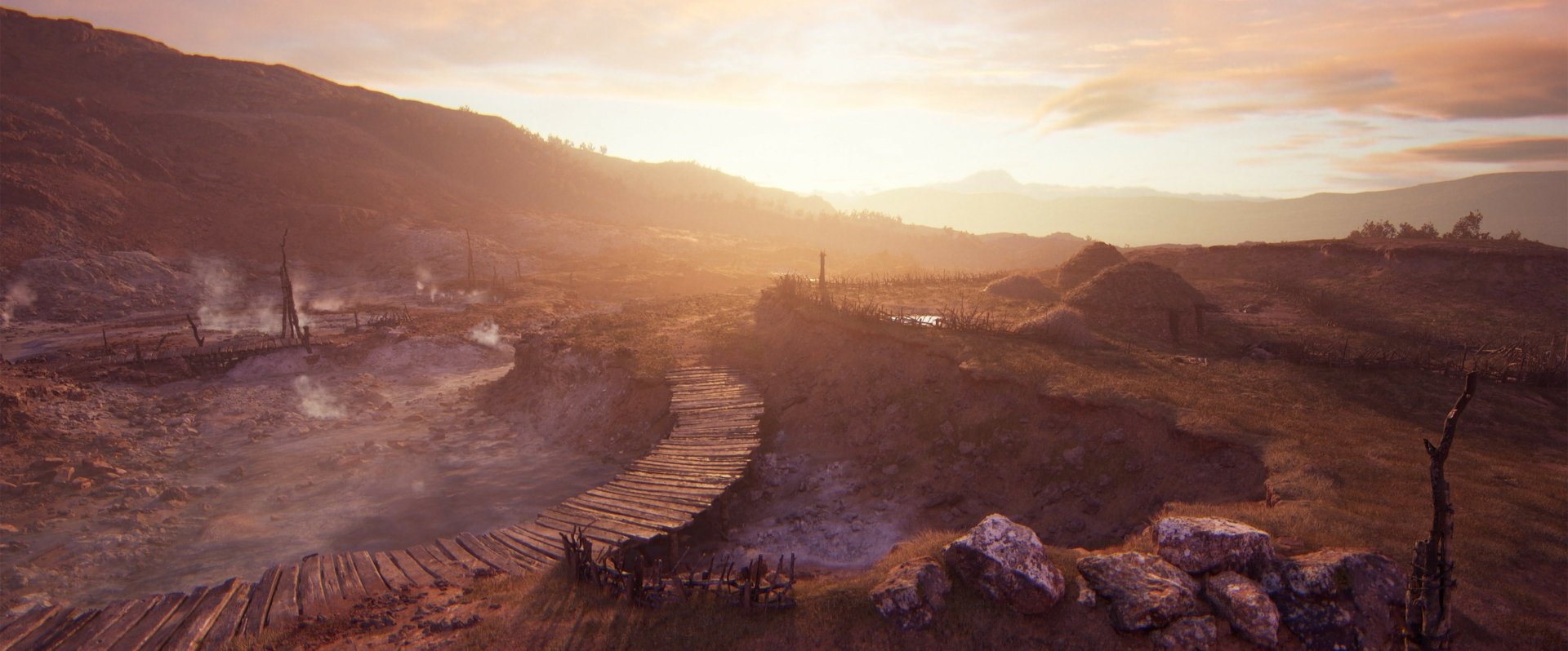 HD desktop wallpaper and background from the video game Senua's Saga: Hellblade II, depicting a serene landscape with a wooden pathway and softly lit hills at sunset.