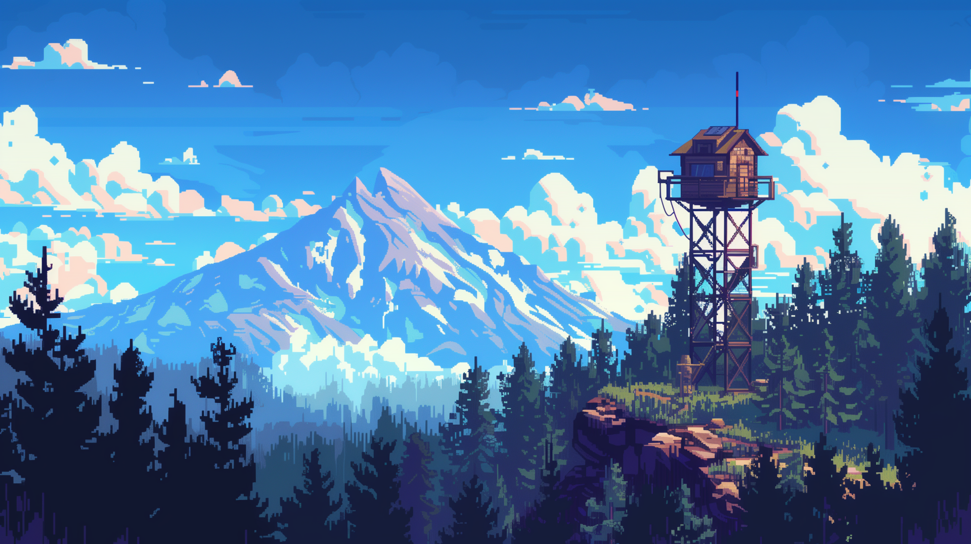 Pixel art HD wallpaper of Firewatch (Videogame) featuring a forest with a lookout tower and a snow-capped mountain in the background, against a vibrant blue sky with clouds.