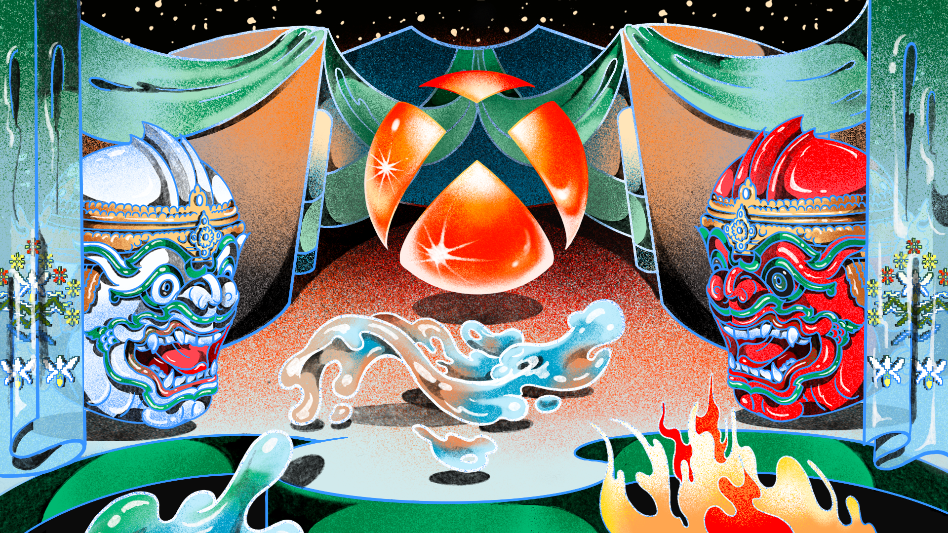HD desktop wallpaper featuring a vibrant and artistic design with two colorful masks and an Xbox logo at the center, surrounded by dynamic water and fire elements.