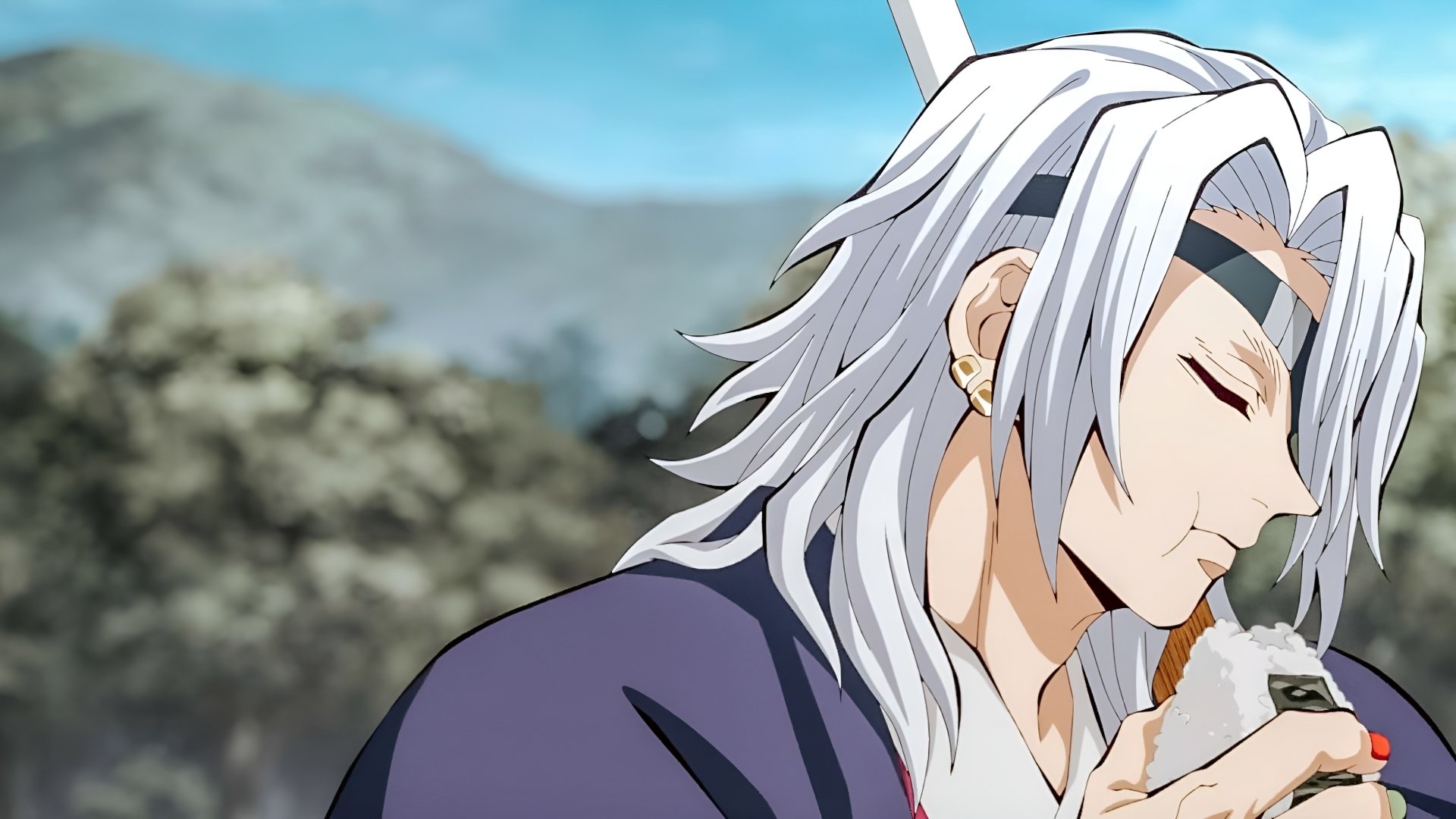 Anime-style 4K Ultra HD desktop wallpaper featuring Tengen Uzui from Demon Slayer: Kimetsu no Yaiba in a serene outdoor setting.