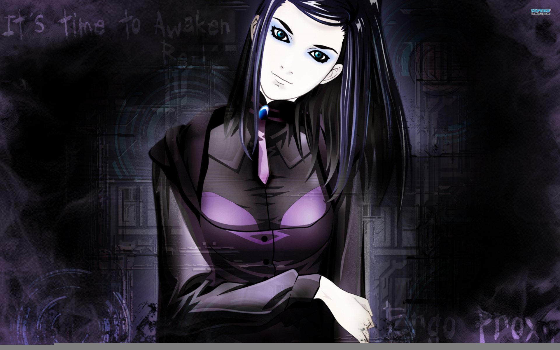 HD PC desktop wallpaper featuring a dark, atmospheric anime character from Ergo Proxy with long black hair and intense blue eyes against a shadowy background.