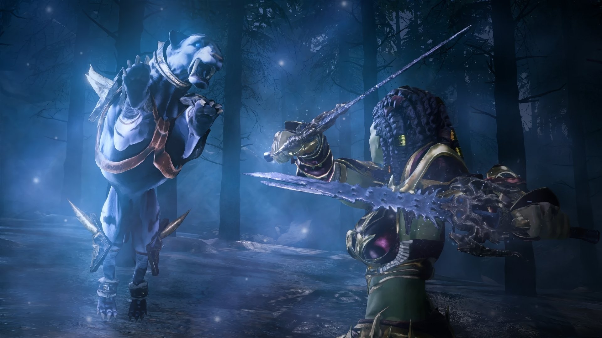 HD desktop wallpaper featuring a dynamic scene from the video game Rise Online, showcasing a fantasy battle between two characters in a mystical forest.