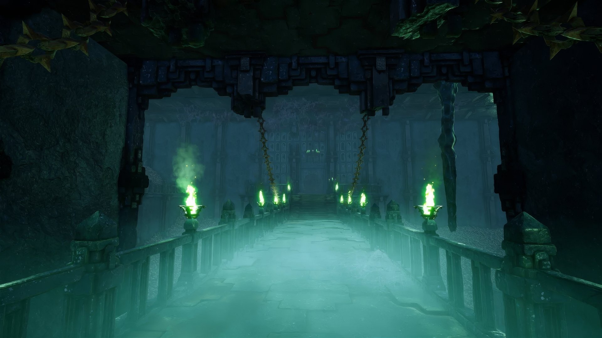 HD desktop wallpaper of the video game Rise Online, showcasing a mystical corridor with glowing green flames and an eerie, misty atmosphere.
