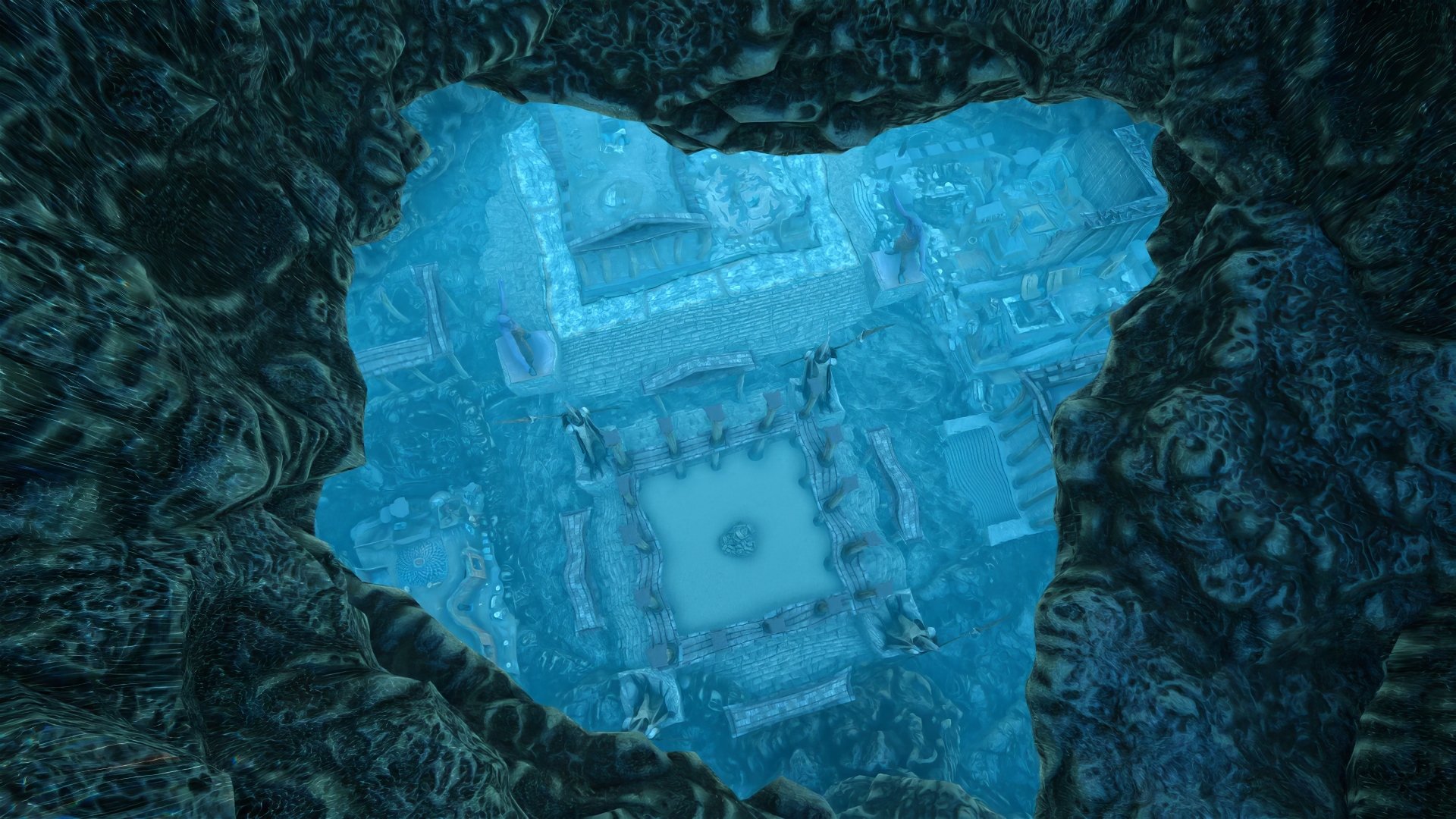 A stunning HD desktop wallpaper featuring an underwater view of a mystical structure from the video game Rise Online, surrounded by intricate, aquatic details.