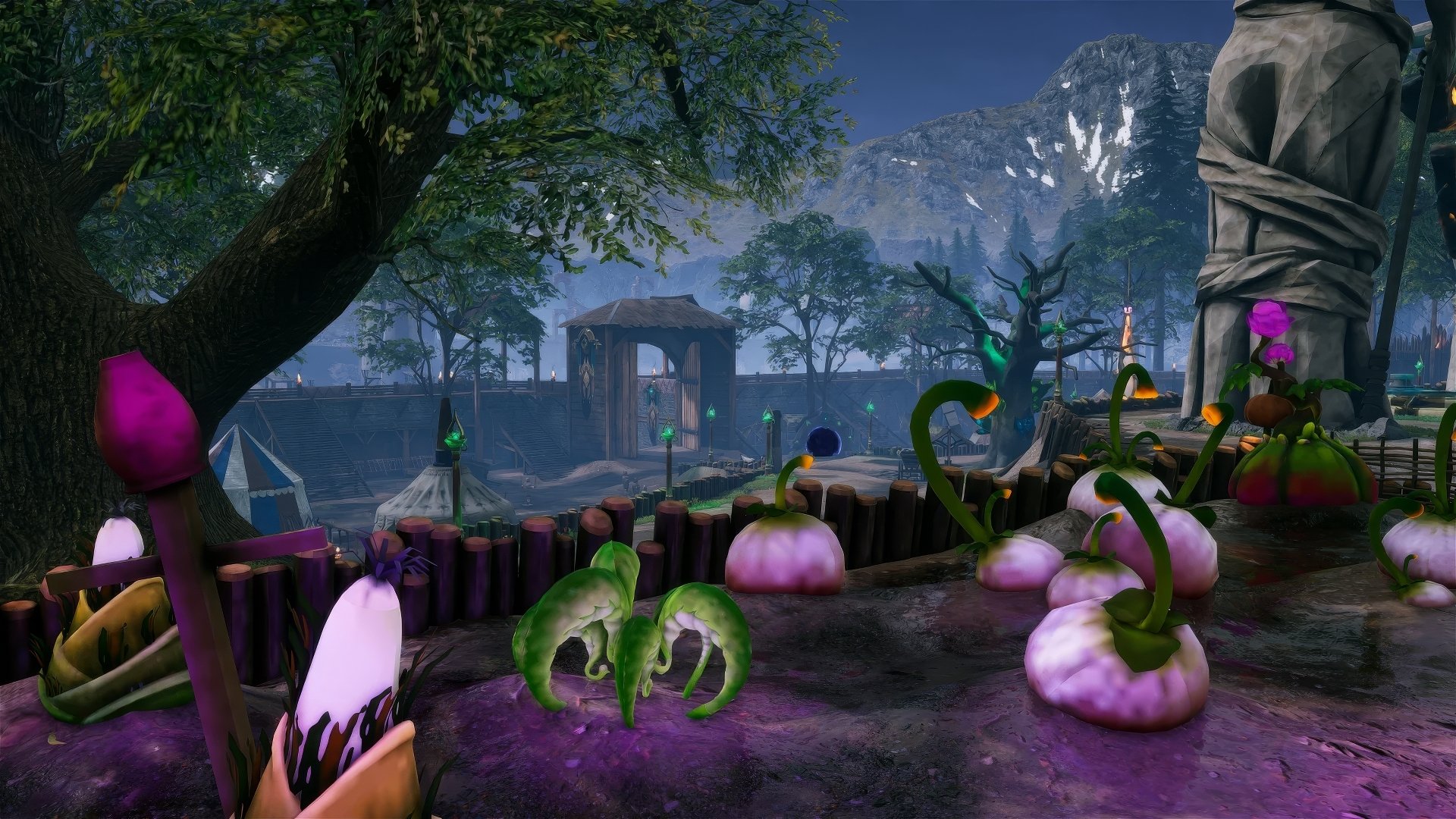 HD desktop wallpaper and background of the video game Rise Online, featuring a vibrant fantasy landscape with colorful plants, trees, and mountains in the backdrop.