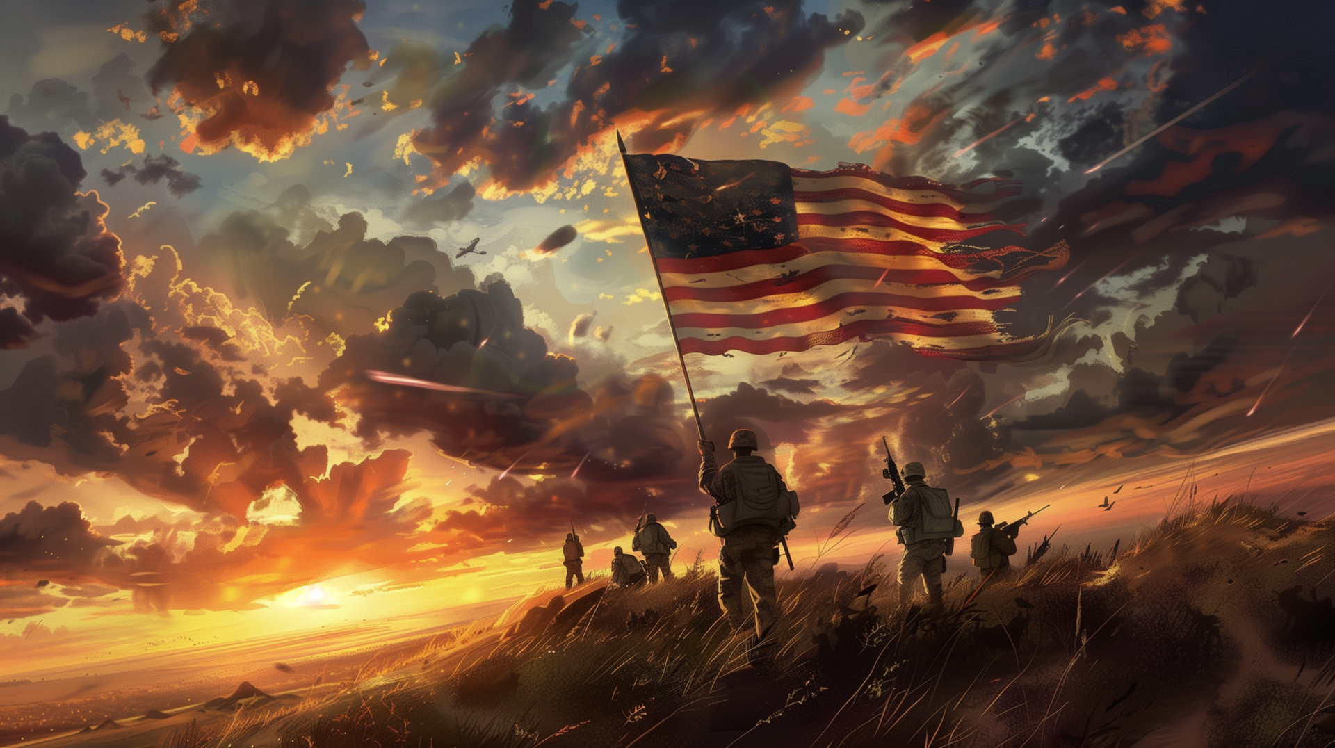 HD desktop wallpaper featuring soldiers carrying an American flag at sunset, tagged with holiday and Memorial Day, with dramatic clouds and golden light in the background.