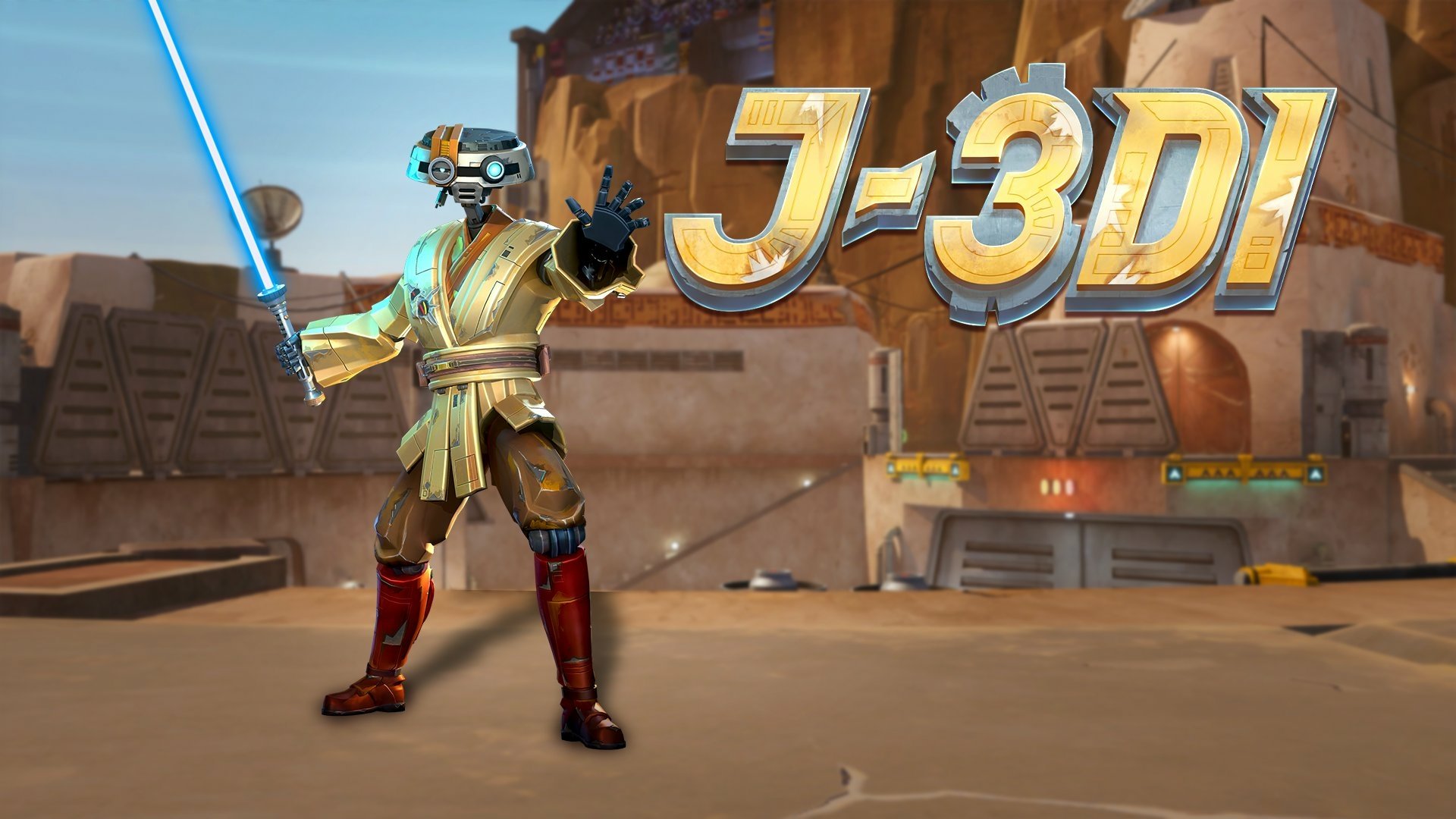 HD desktop wallpaper and background featuring a character from the video game Star Wars: Hunters holding a blue lightsaber, with the text J-3DI prominently displayed in the background.