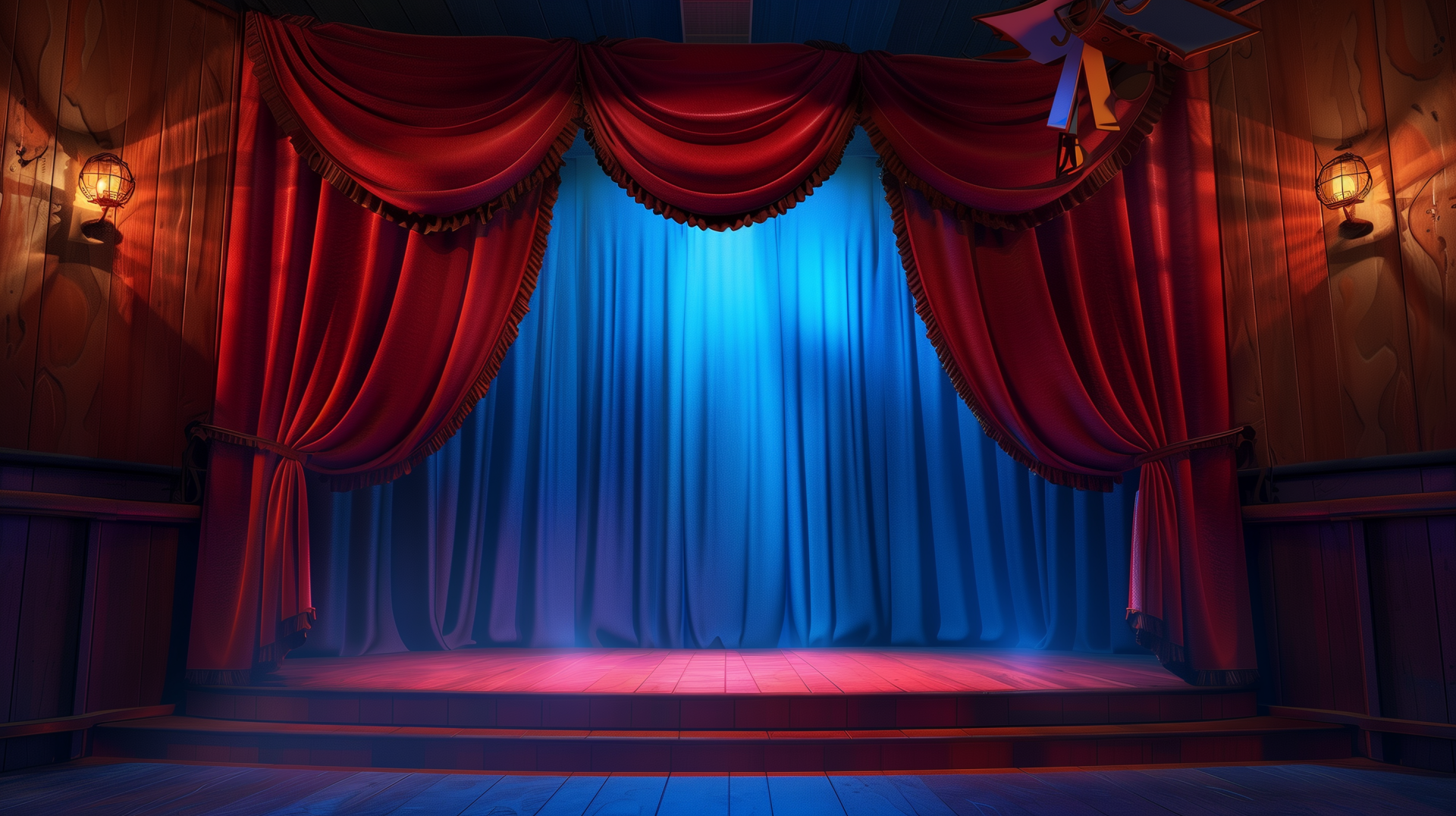 A well-lit theater stage with luxurious red curtains framing a blue backdrop. The stage is ready for a performance, creating an elegant and dramatic atmosphere. HD desktop wallpaper.