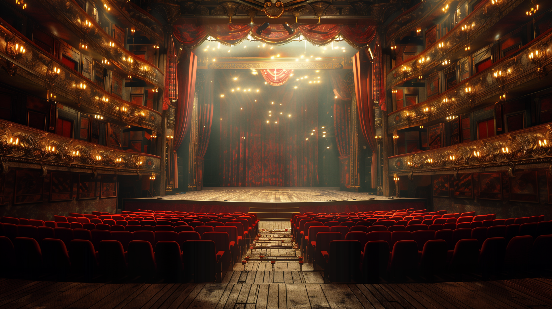 An HD desktop wallpaper featuring a beautifully lit theater stage under a spotlight, showcasing an empty auditorium with red velvet seats and ornate balconies.