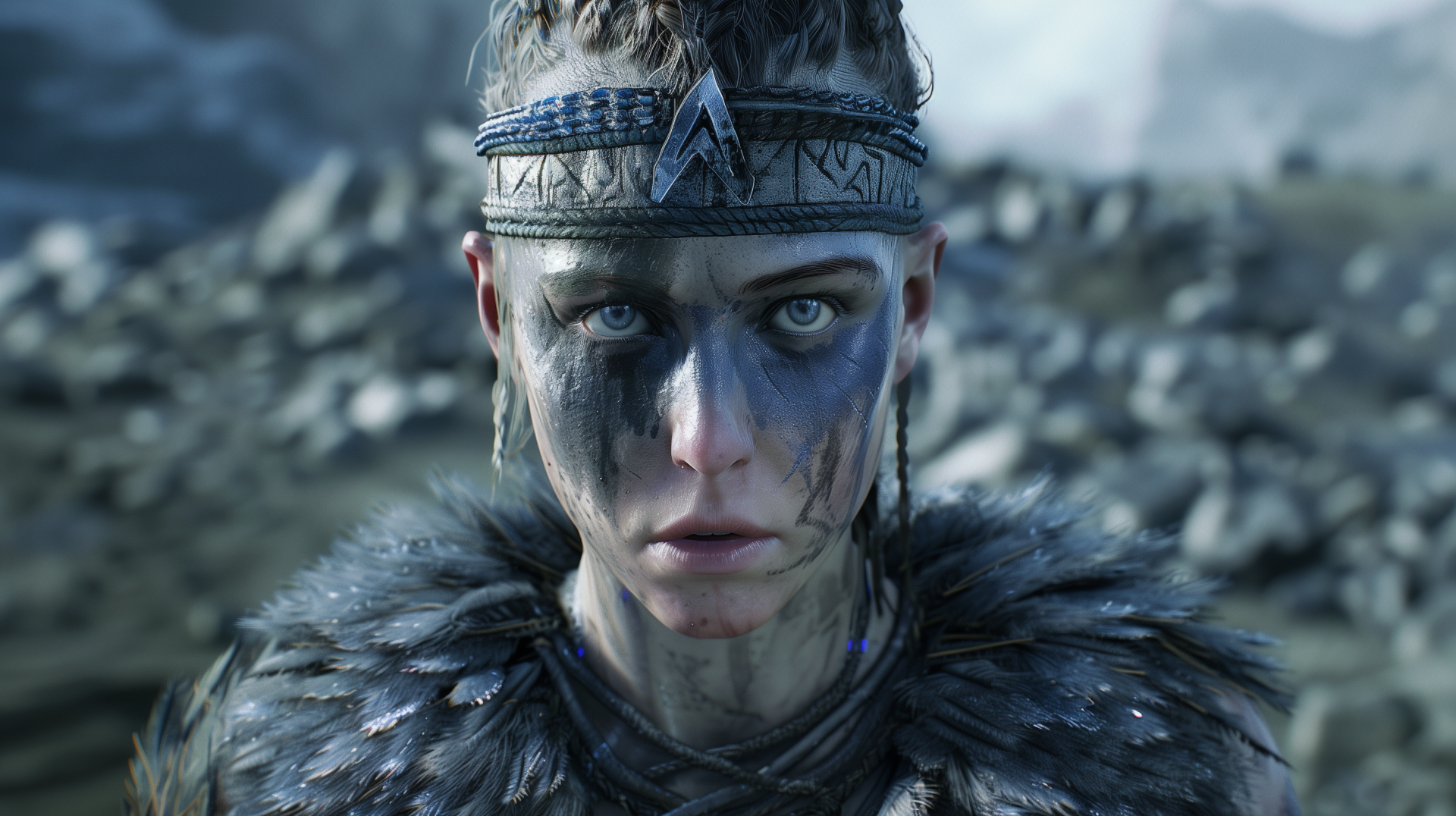 HD desktop wallpaper featuring Senua from Senua's Saga: Hellblade II, displaying her intense and determined expression amidst a rocky landscape.