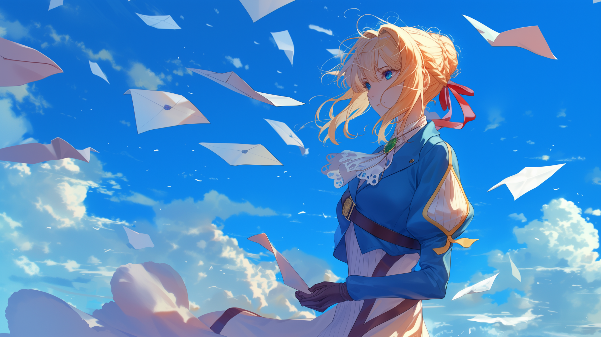 A stunning HD desktop wallpaper featuring Violet Evergarden, an anime character, depicted in a serene sky with floating letters.