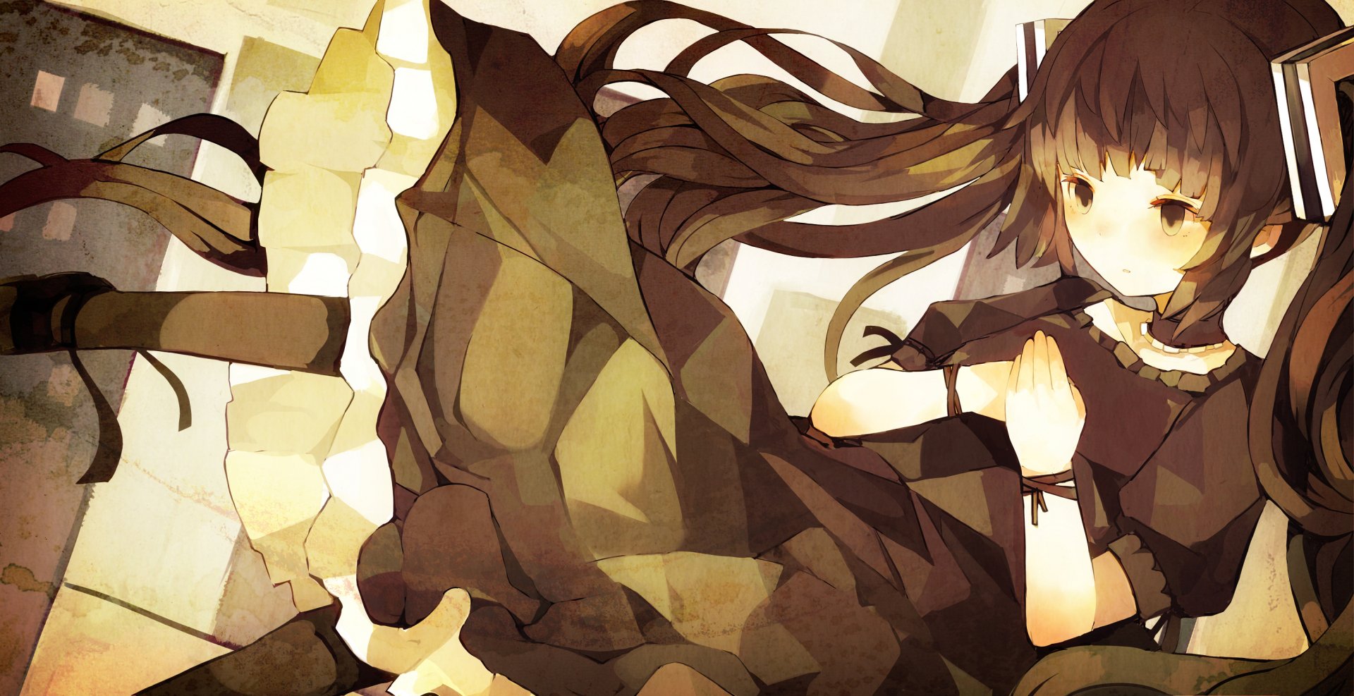Sepia-toned anime wallpaper featuring Hatsune Miku in a flowing dress, styled in a soft, vintage Vocaloid aesthetic for HD PC desktop background.