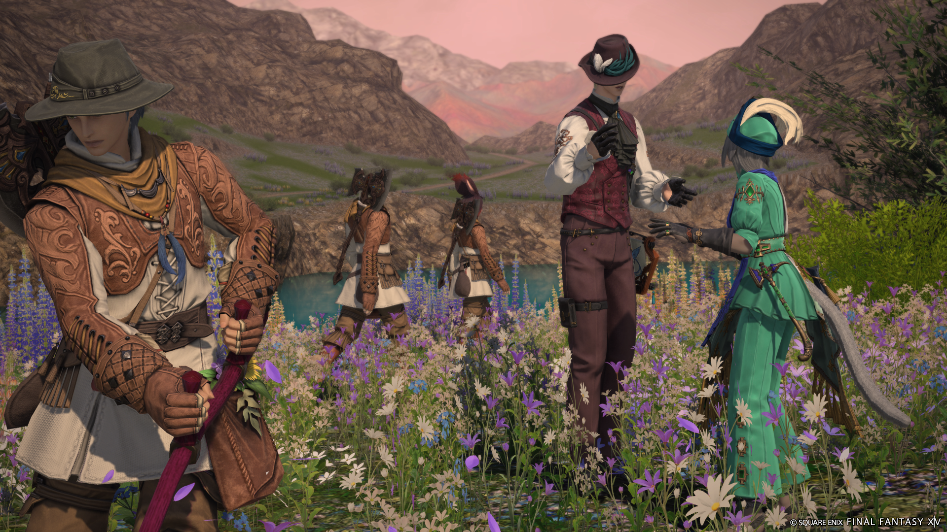 HD wallpaper featuring characters from Final Fantasy XIV: Dawntrail. The characters are in a scenic field with mountains and blooming flowers under a pinkish sky.