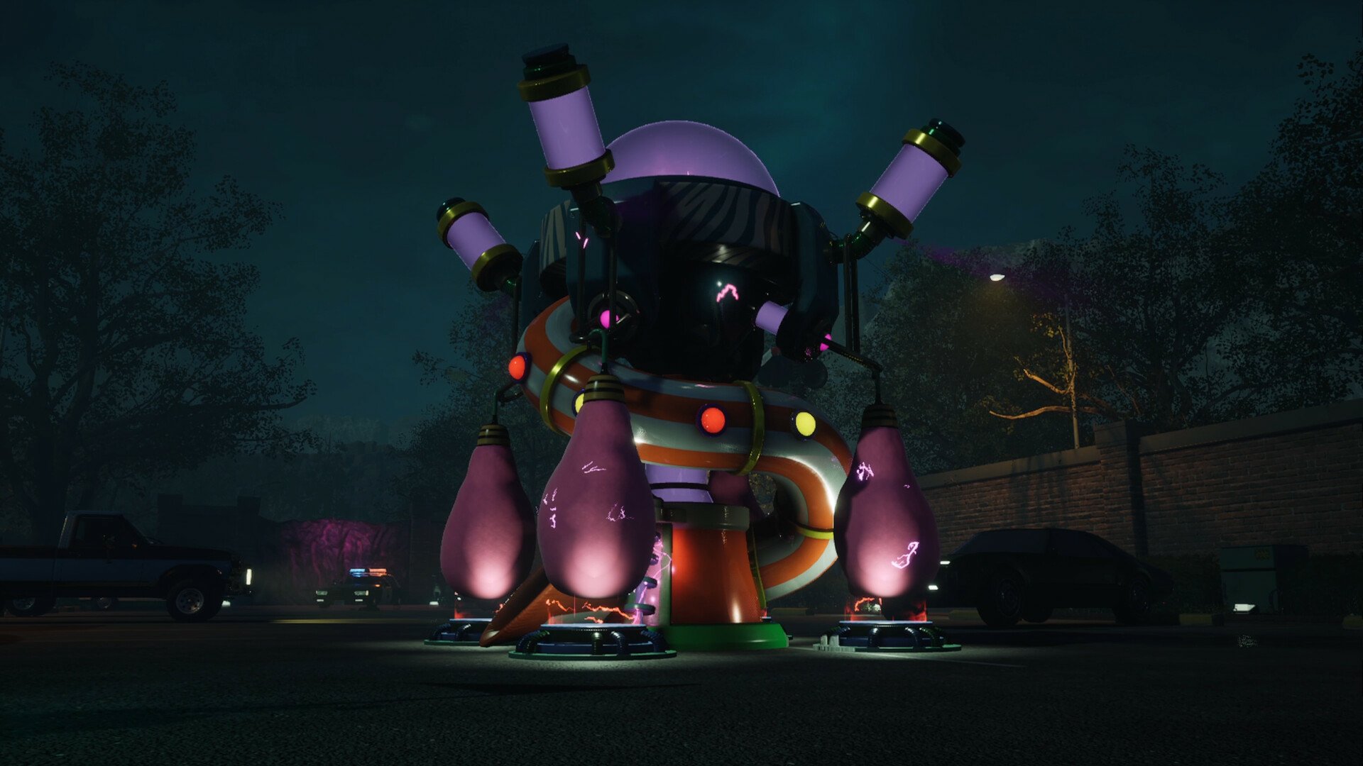 HD desktop wallpaper of Killer Klowns from Outer Space: The Game featuring a whimsical, futuristic structure lit by vibrant purple lights against a dark, night-time backdrop.