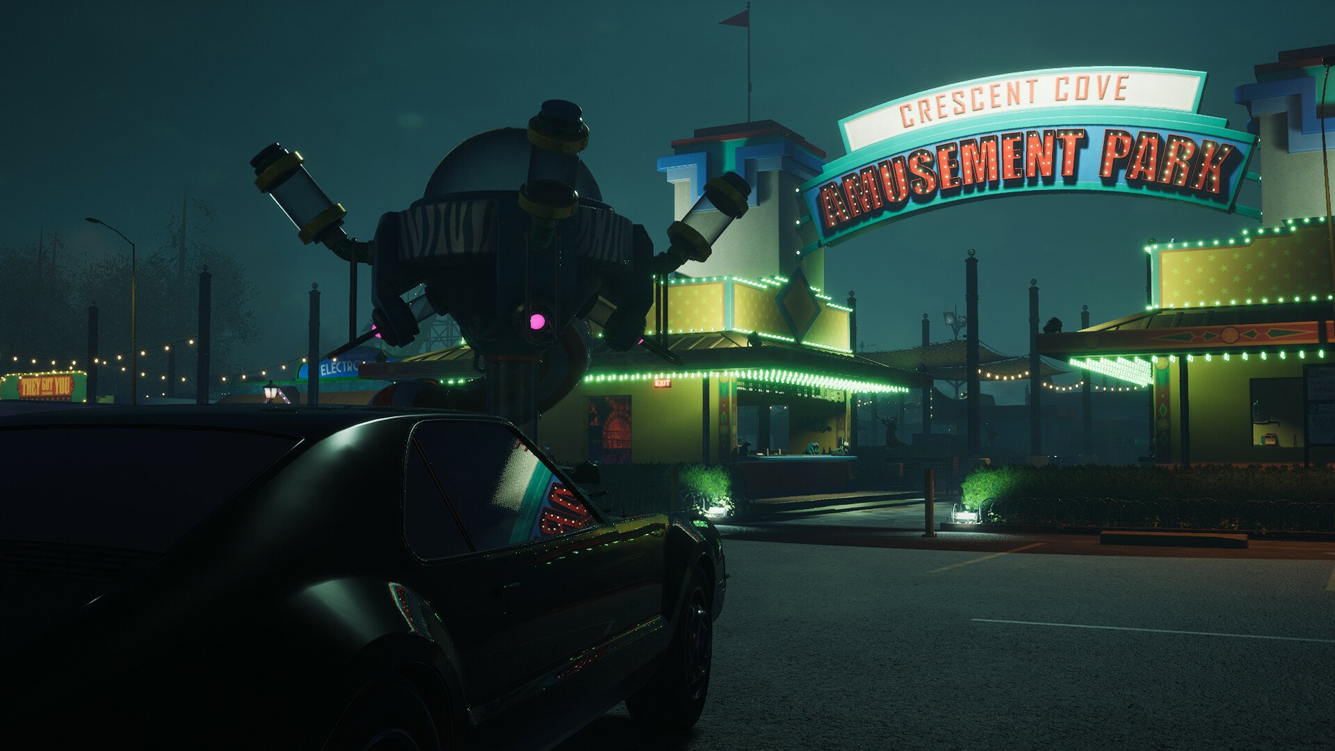 HD desktop wallpaper from Killer Klowns from Outer Space: The Game depicting a dark amusement park with neon lights and a big clown statue in Crescent Cove, with a car in the foreground.