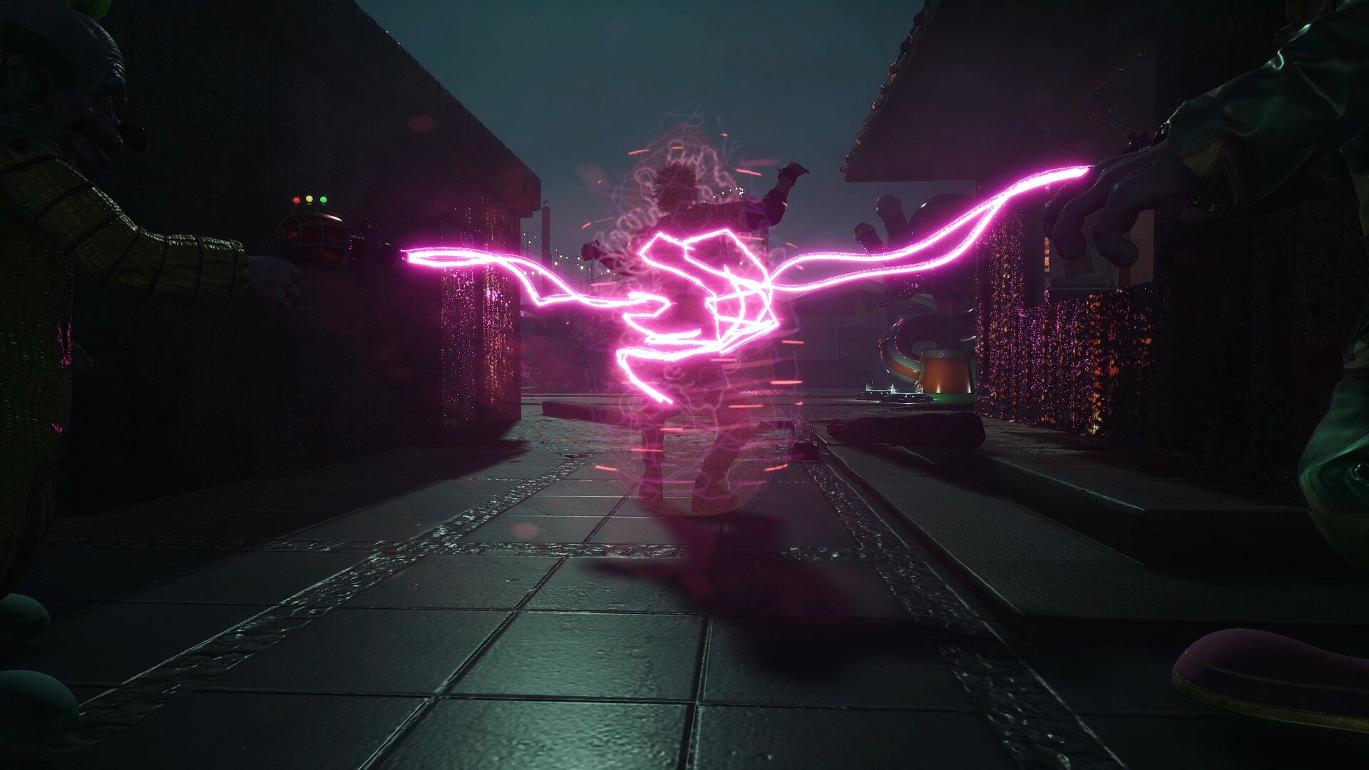 HD wallpaper featuring a scene from the video game 'Killer Klowns from Outer Space: The Game', showcasing a neon pink energy pattern in a dark, eerie setting.