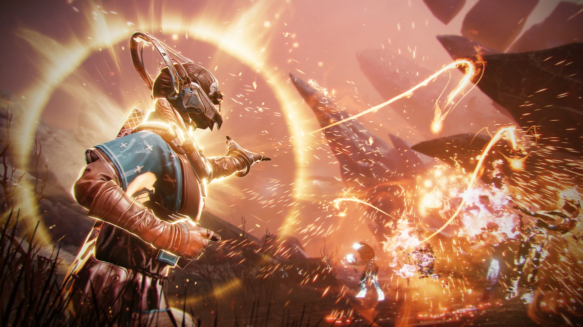 HD desktop wallpaper featuring a dynamic scene from the video game Destiny 2: The Final Shape. A character is surrounded by glowing energy in a fiery, battle-intense setting.