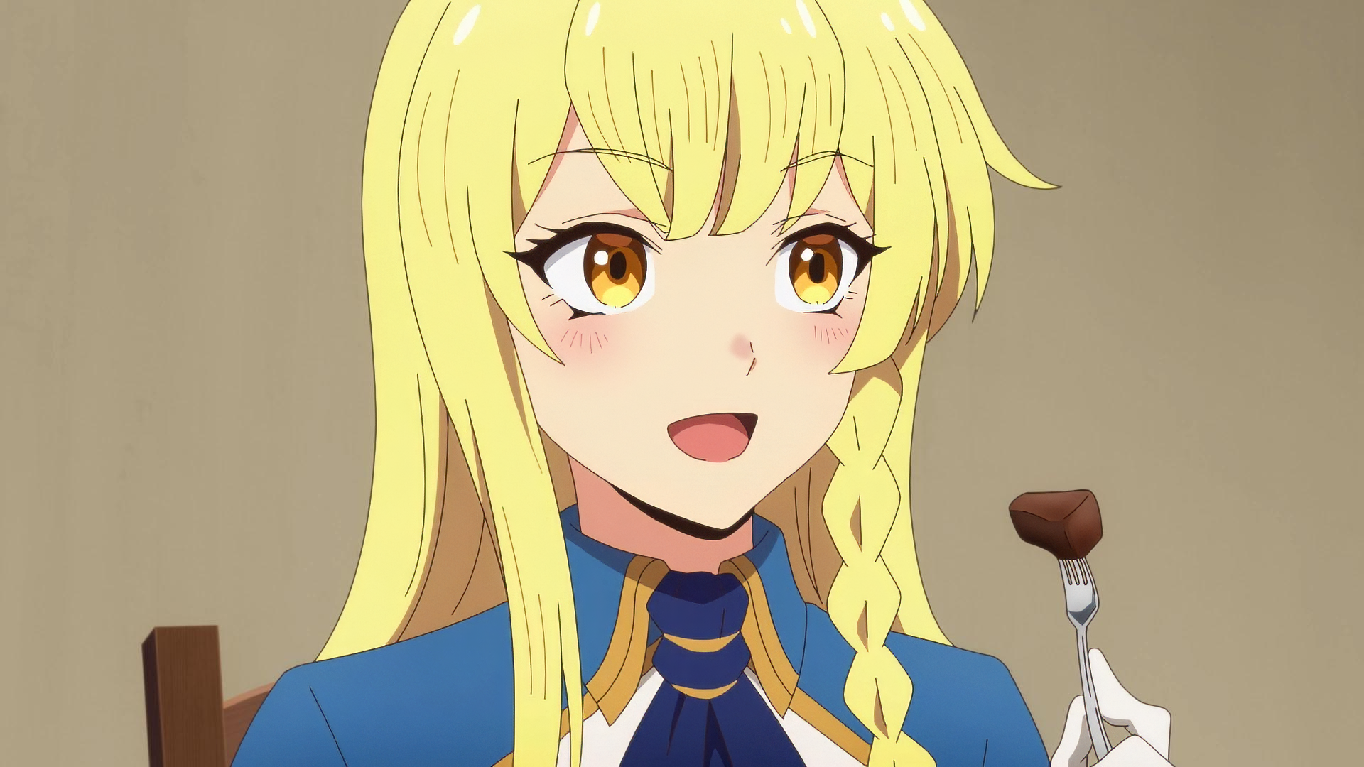 An HD wallpaper featuring an anime character from Chillin' in Another World with Level 2 Super Cheat Powers with long blonde hair and a braid, holding a fork with food, and smiling.