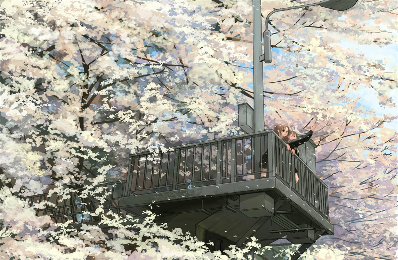 A serene anime-inspired HD wallpaper featuring cherry blossoms (sakura) in full bloom, framing a peaceful scene of a person on a balcony under the delicate pink petals.