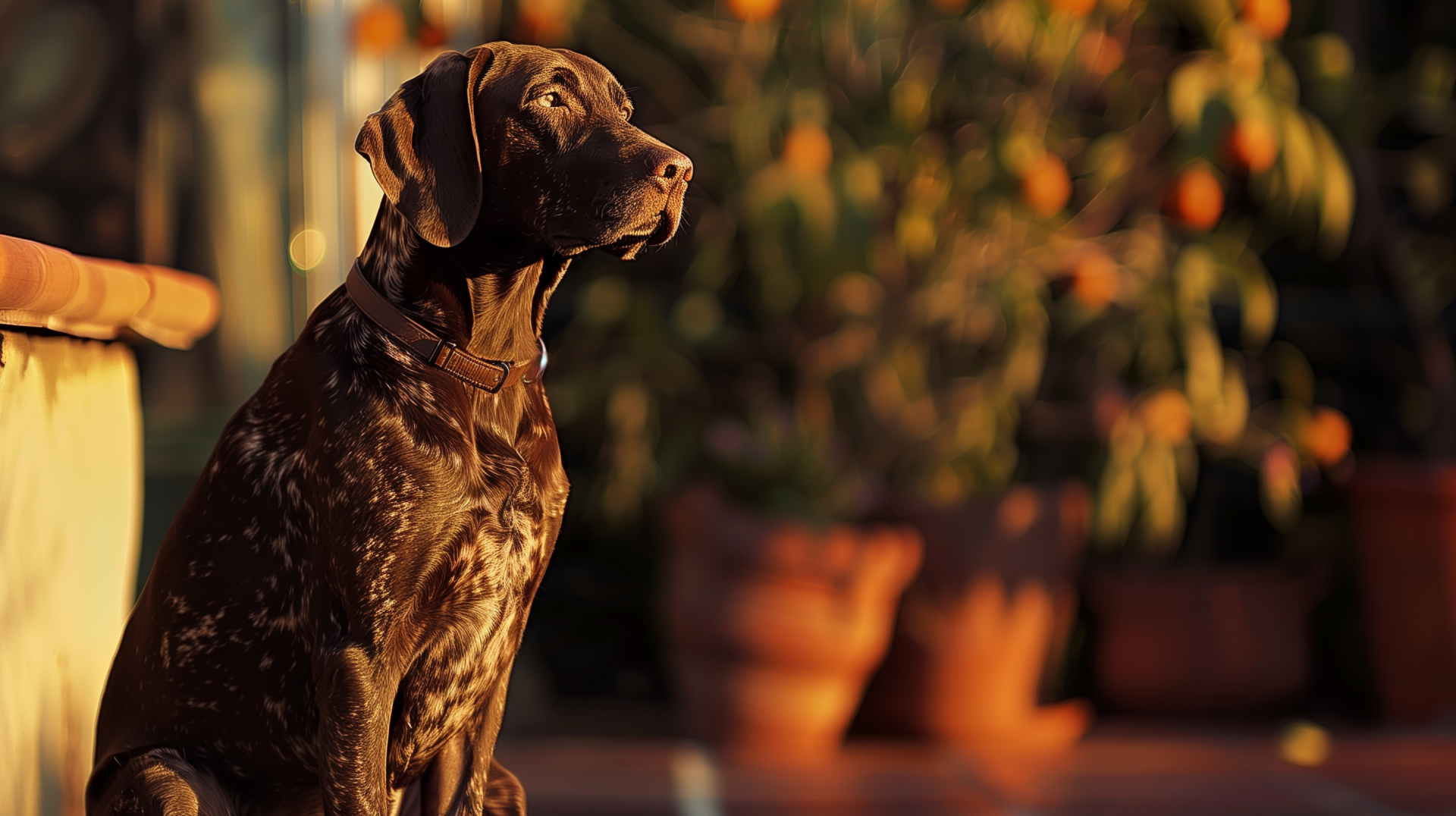 HD desktop wallpaper of a German Shorthaired Pointer dog sitting outdoors, with a sunlit garden and potted plants in the background.