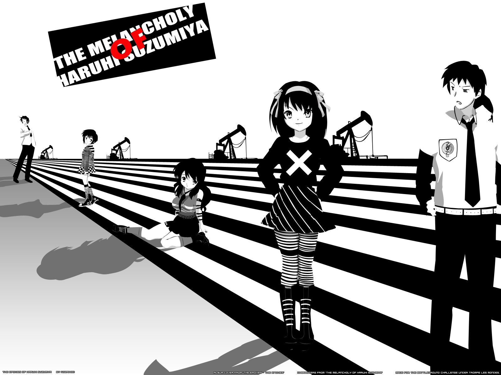 Monochrome HD anime desktop wallpaper of The Melancholy of Haruhi Suzumiya cast: Haruhi Suzumiya center, with Mikuru Asahina, Itsuki Koizumi, Yuki Nagato and Kyon (Haruhi).