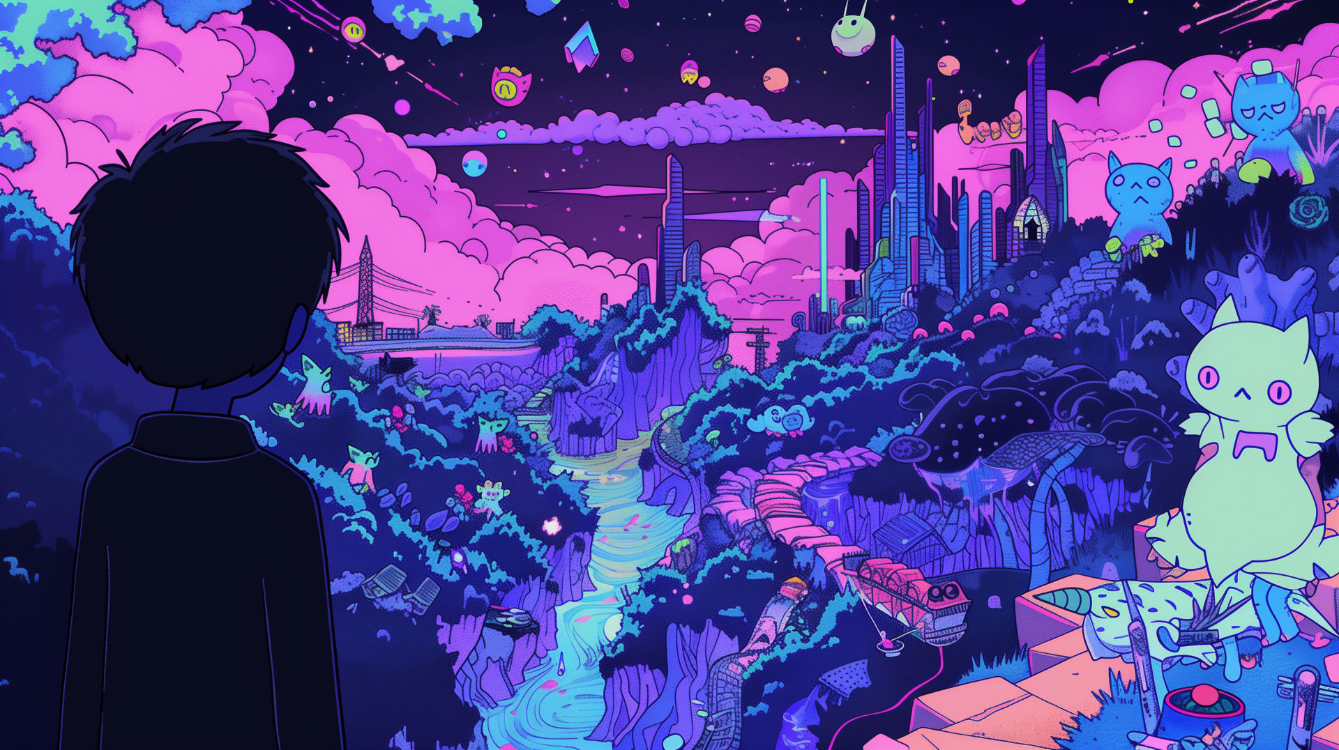 HD desktop wallpaper featuring Hero from the video game OMORI, observing a vibrant, surreal landscape with colorful hills, creatures, and a winding river against a starry sky.