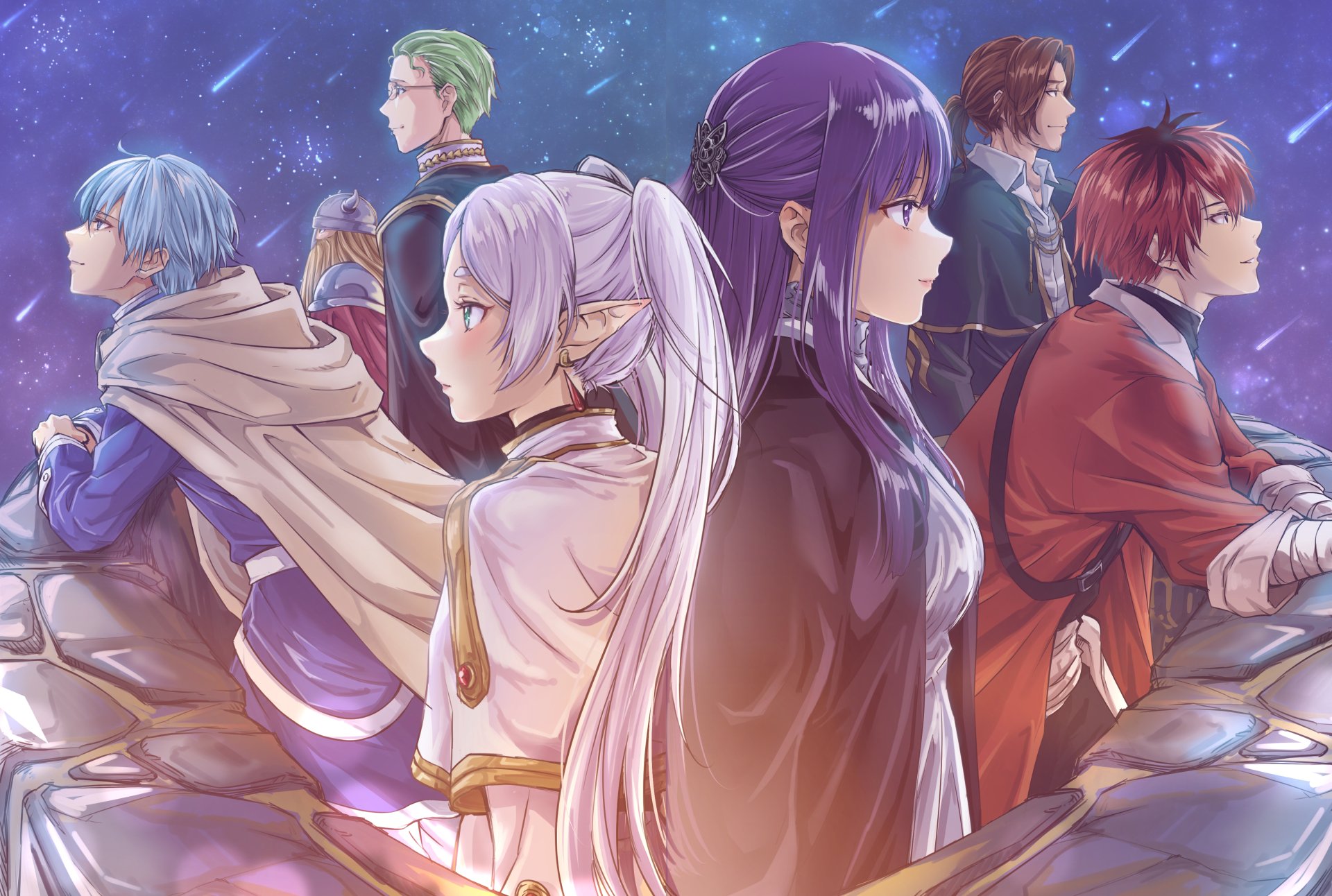 Anime-style 4K Ultra HD desktop wallpaper featuring characters from Frieren: Beyond Journey’s End with a mystical, starry background.