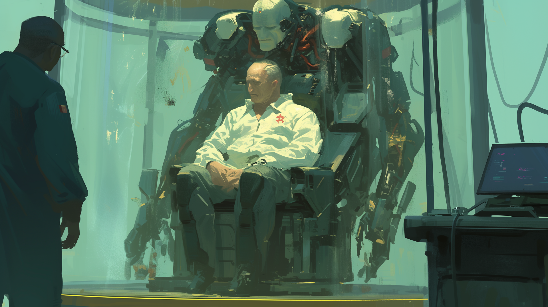 A man sits on a futuristic throne in a sci-fi setting, surrounded by advanced machinery, portrayed in a high-definition desktop wallpaper background.