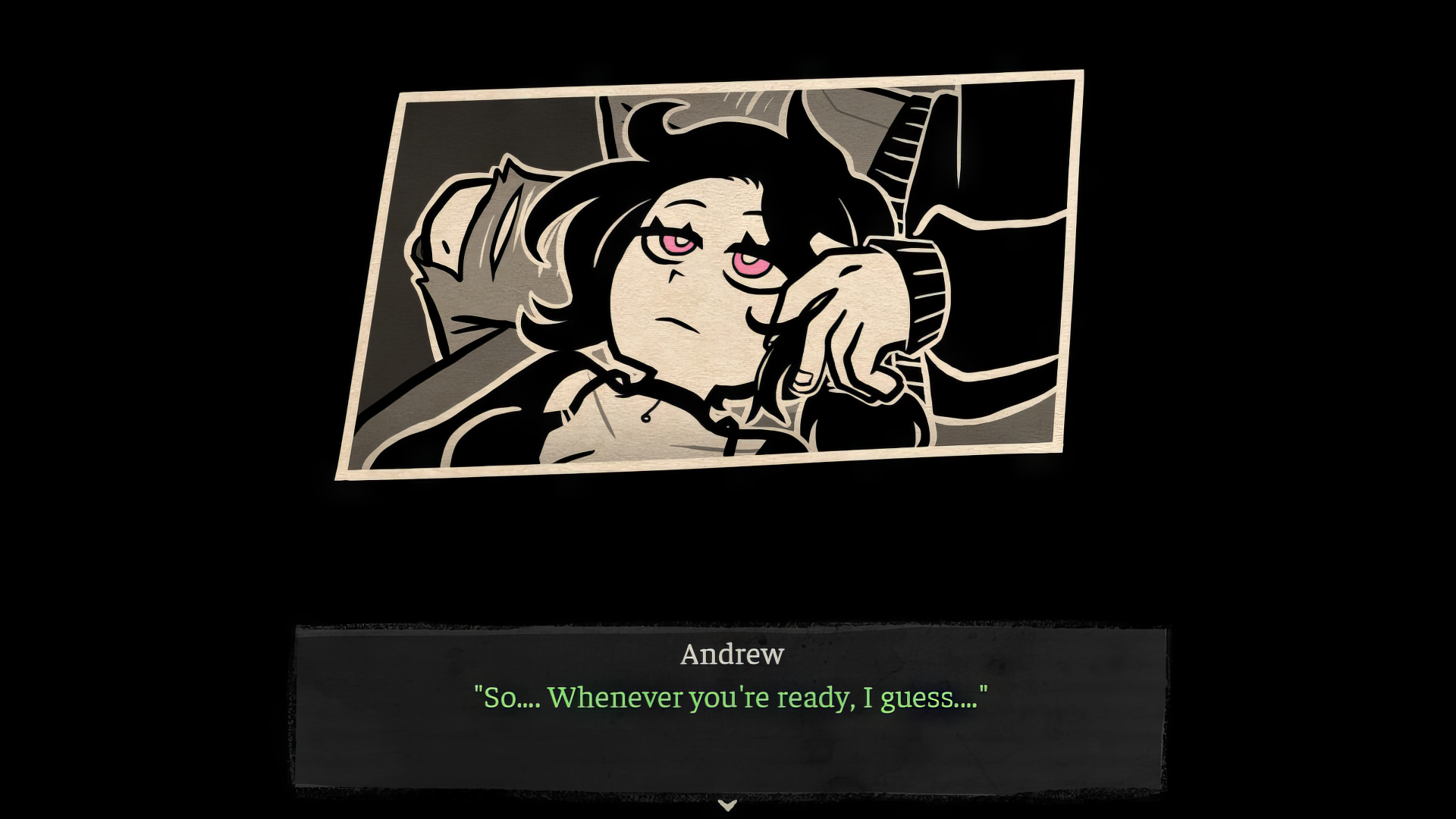 HD desktop wallpaper of the video game The Coffin of Andy and Leyley, featuring a somber illustration of a character with text dialogue from Andrew: So... Whenever you're ready, I guess...