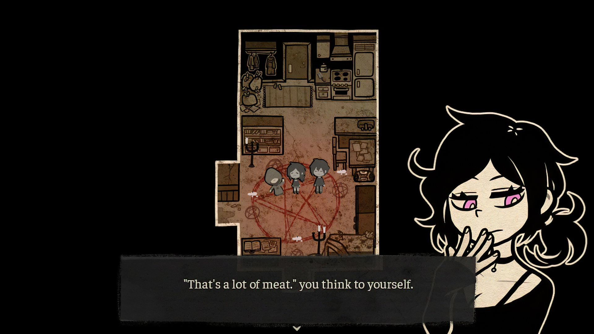 HD desktop wallpaper and background from the video game The Coffin of Andy and Leyley, featuring three characters standing in a pentagram drawn on a rugged floor with the text That's a lot of meat at the bottom.