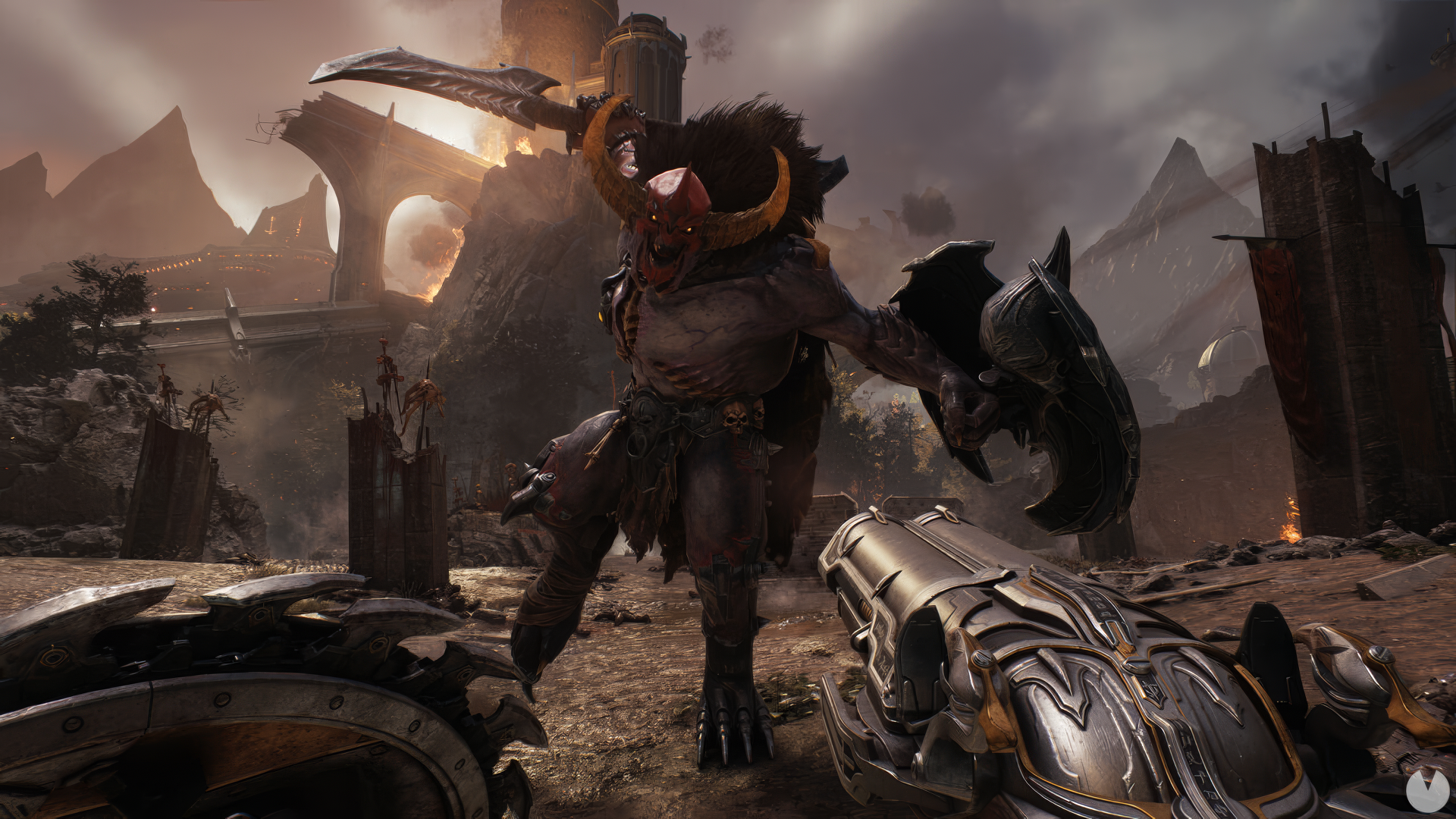 A high-definition desktop wallpaper and background image of the video game DOOM: The Dark Ages, featuring an intense scene with a horned monster wielding weapons in a post-apocalyptic setting.