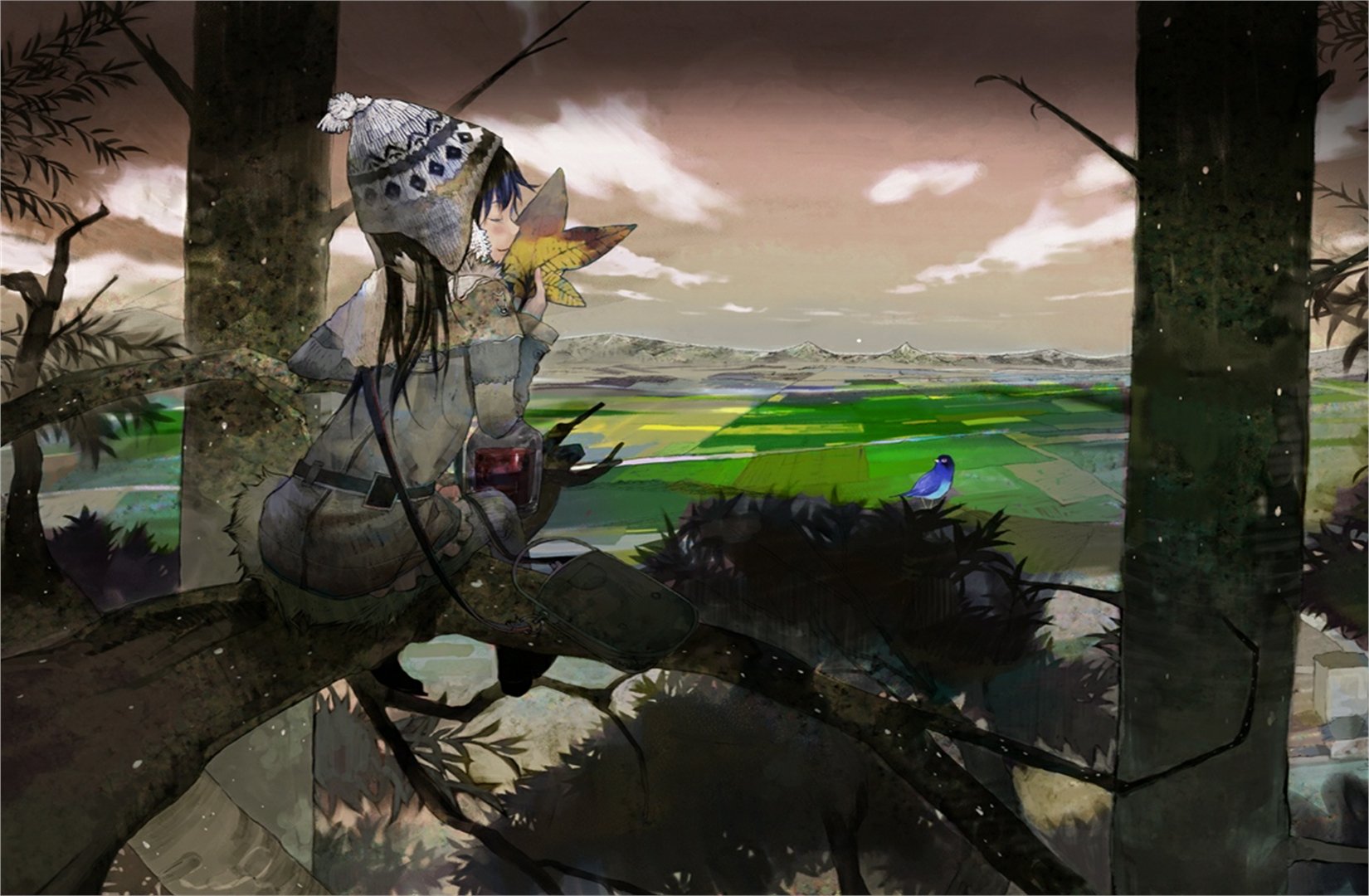 A serene anime girl sits on a tree branch, gazing at a lush landscape. The HD wallpaper features a blend of nature and fantasy, with a peaceful atmosphere and a colorful bird nearby.
